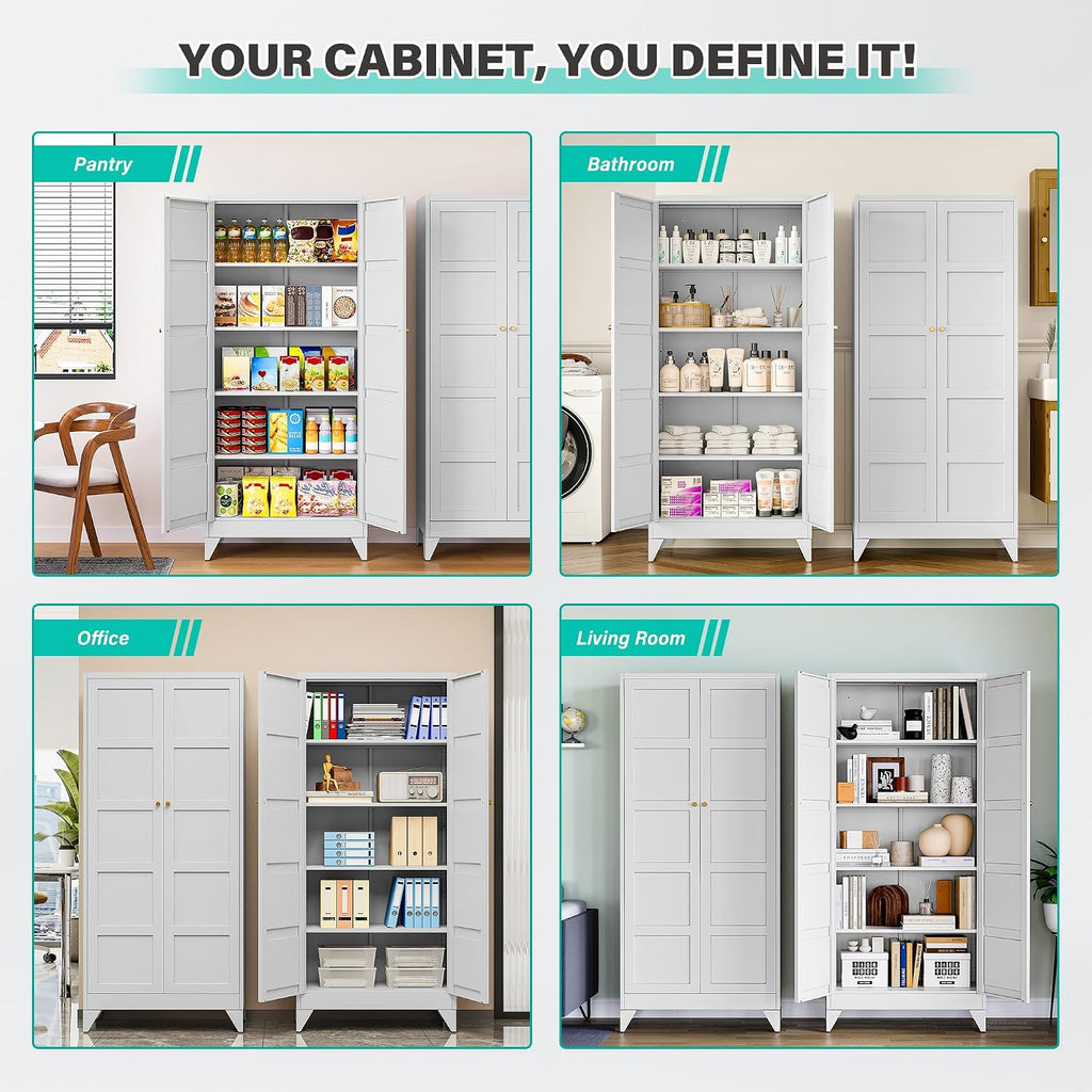 SISESOL Wide & Deep Pantry Storage Cabinet with 2 Doors and 5 Shelves,72 inch Tall Metal Storage Cabinet,Large Cupboard,White Cabinets for Home,Kitchen,Bathroom,Dining/Living Room