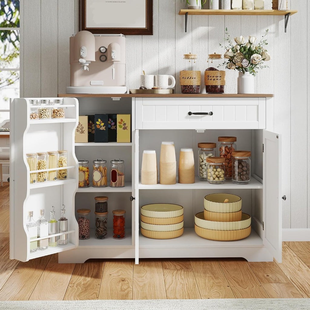 Gizoon Kitchen Coffee Bar Cabinet with Storage Kitchen Sideboard Buffet Cabinet with Drawers, Short Pantry with Door and Shelves for Bathroom and Living Room, White and Rustic