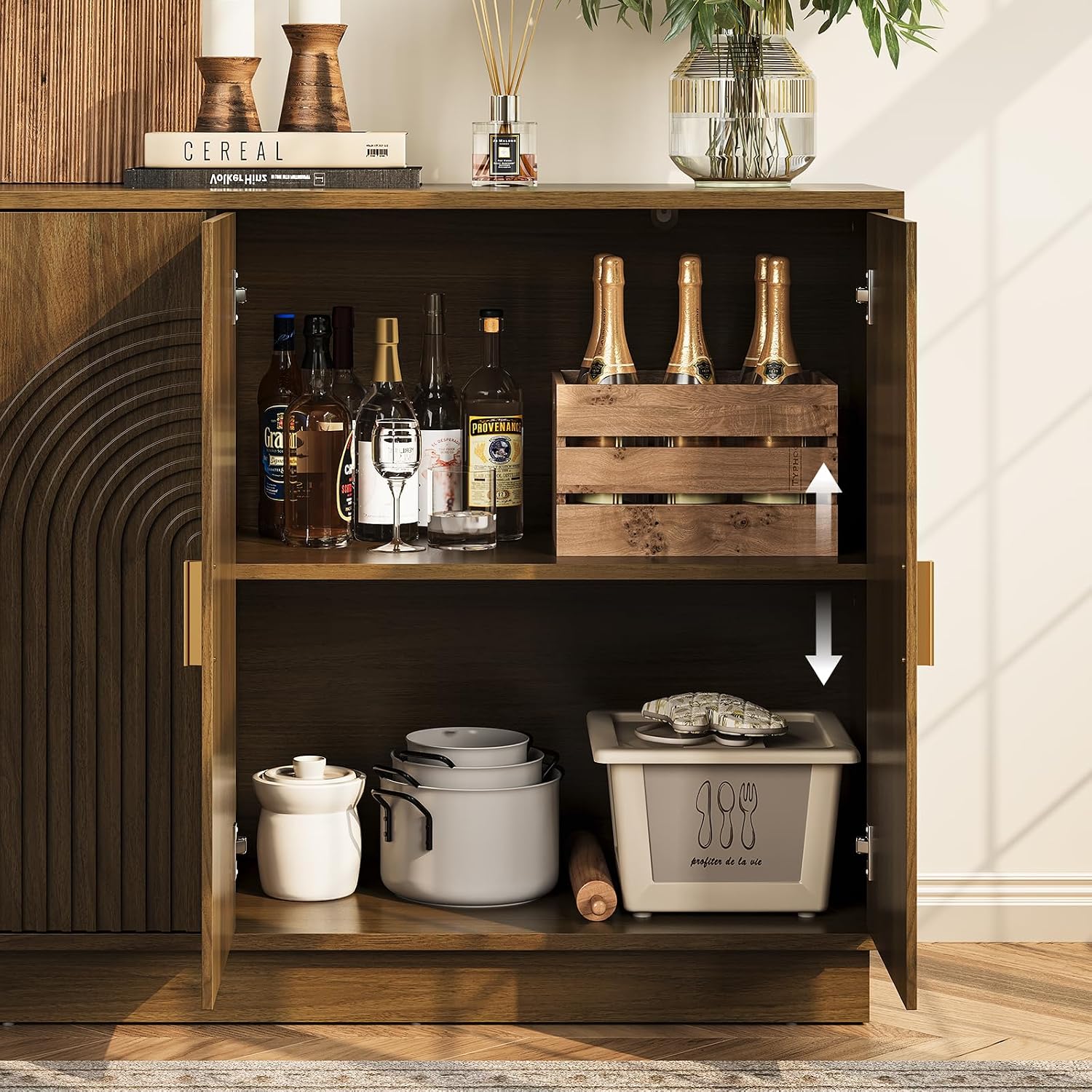 Fluted Sideboard Buffet Cabinet with Storage - 57' Credenza Coffee Bar Cabinet with 4 Doors, Accent Kitchen Storage Cabinets with Adjustable Shelves for Living Room & Kitchen, Entryway, Walnut