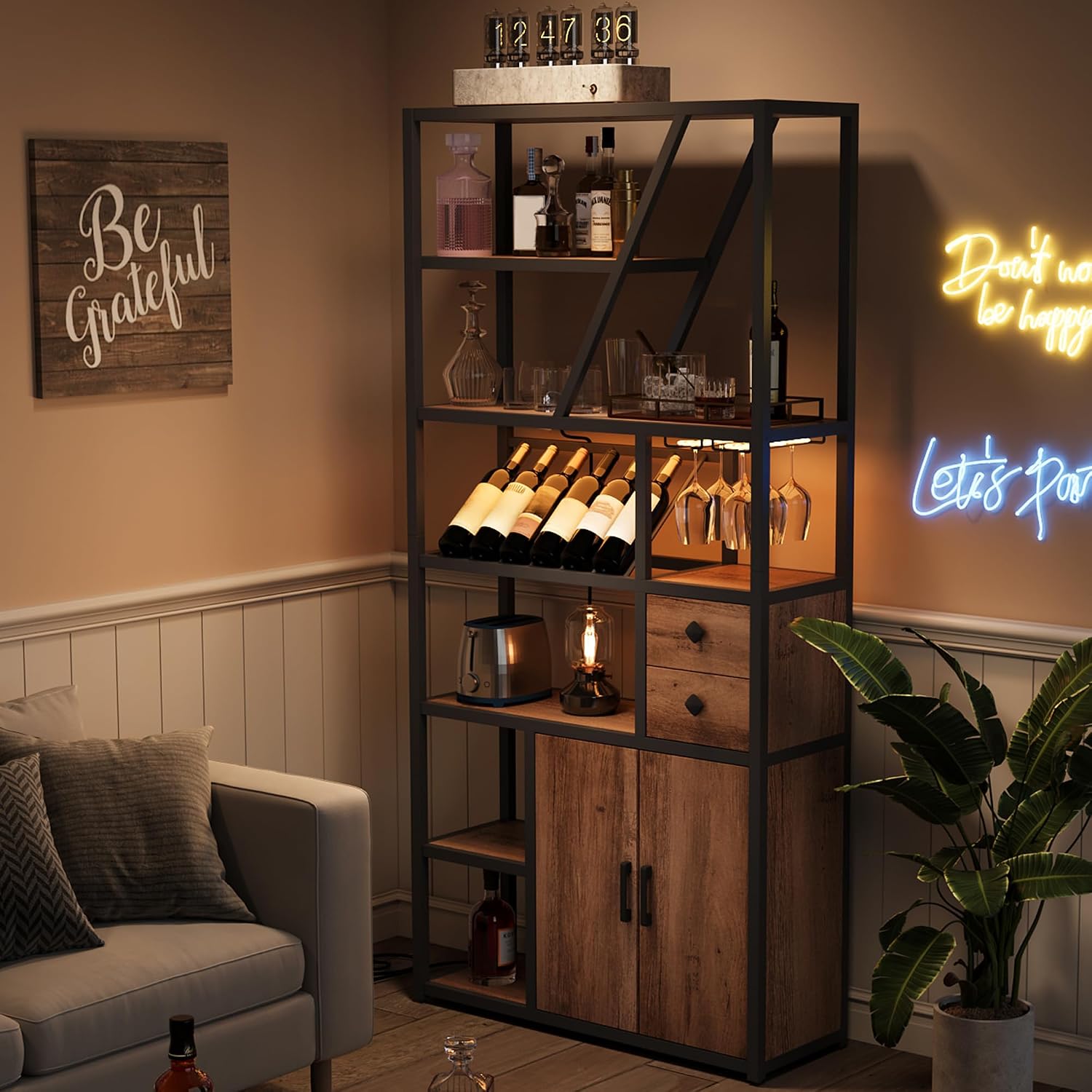 Wine Bar Cabinet with LED Lights, Tall Coffee Bar Station with Power Outlets, Wine Rack, Kitchen Microwave Stand Bakers Rack Cabinet for Living Room - Power Outlets Convenience