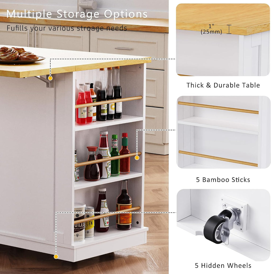 Classic Large Kitchen Island with 2 Bar Stools, Power Outlet,Door Internal Storage Rack, Kitchen Storage Cart on 5 Wheels with Drop Leaf, Used for Home, Dining Room (White/Large)