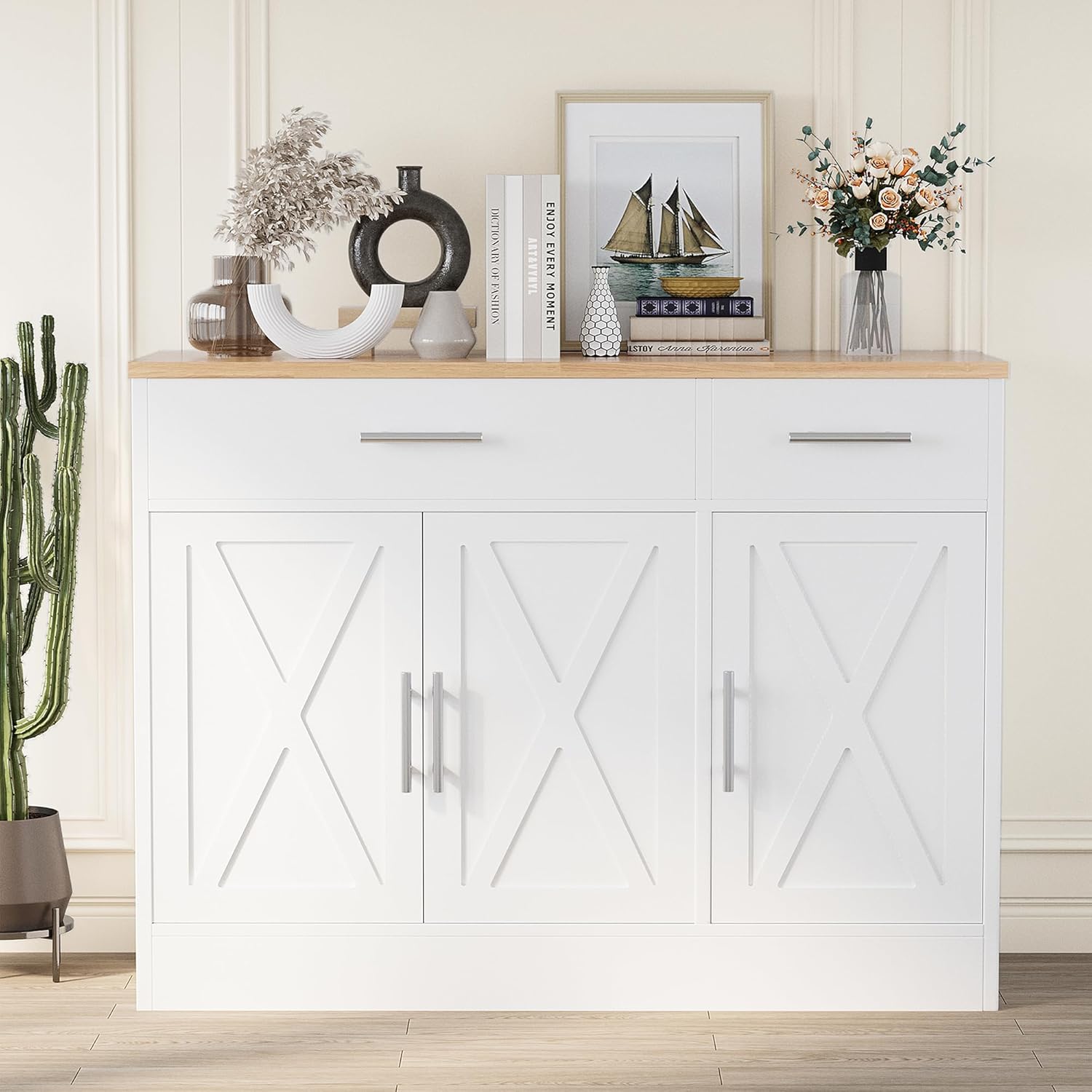 Shintenchi Modern Farmhouse Sideboard Buffet Cabinet with Storage with 3 Doors,42' Barn Doors Buffet Cabinet with Storage, Wood Coffee Bar Cabinets with Adjustable Shelf for Kitchen Living Room,White
