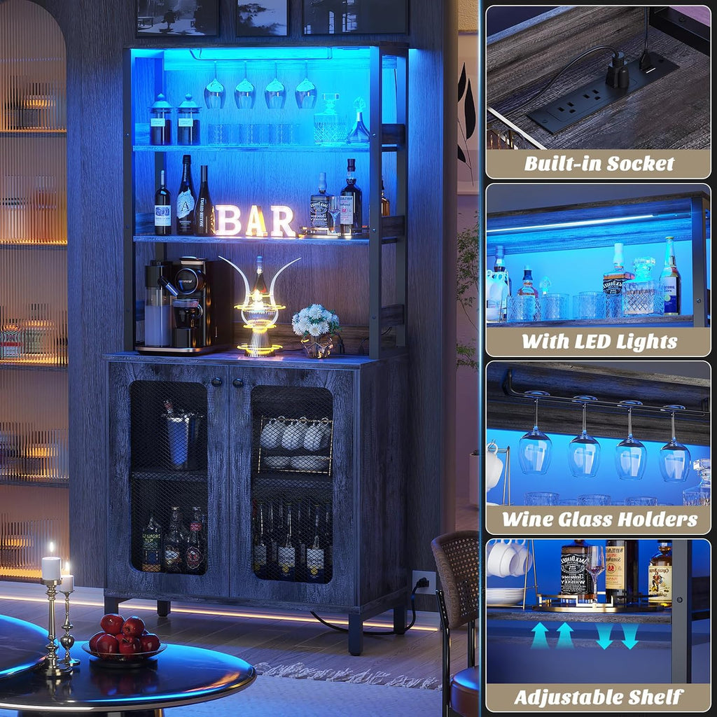 Aheaplus Bar Cabinet with Power Outlets, 26.9' Wine Bar Cabinet Liquor Cabinet with LED Lights and Glass Holder, Coffee Bar Station Microwave Stand, Black Oak