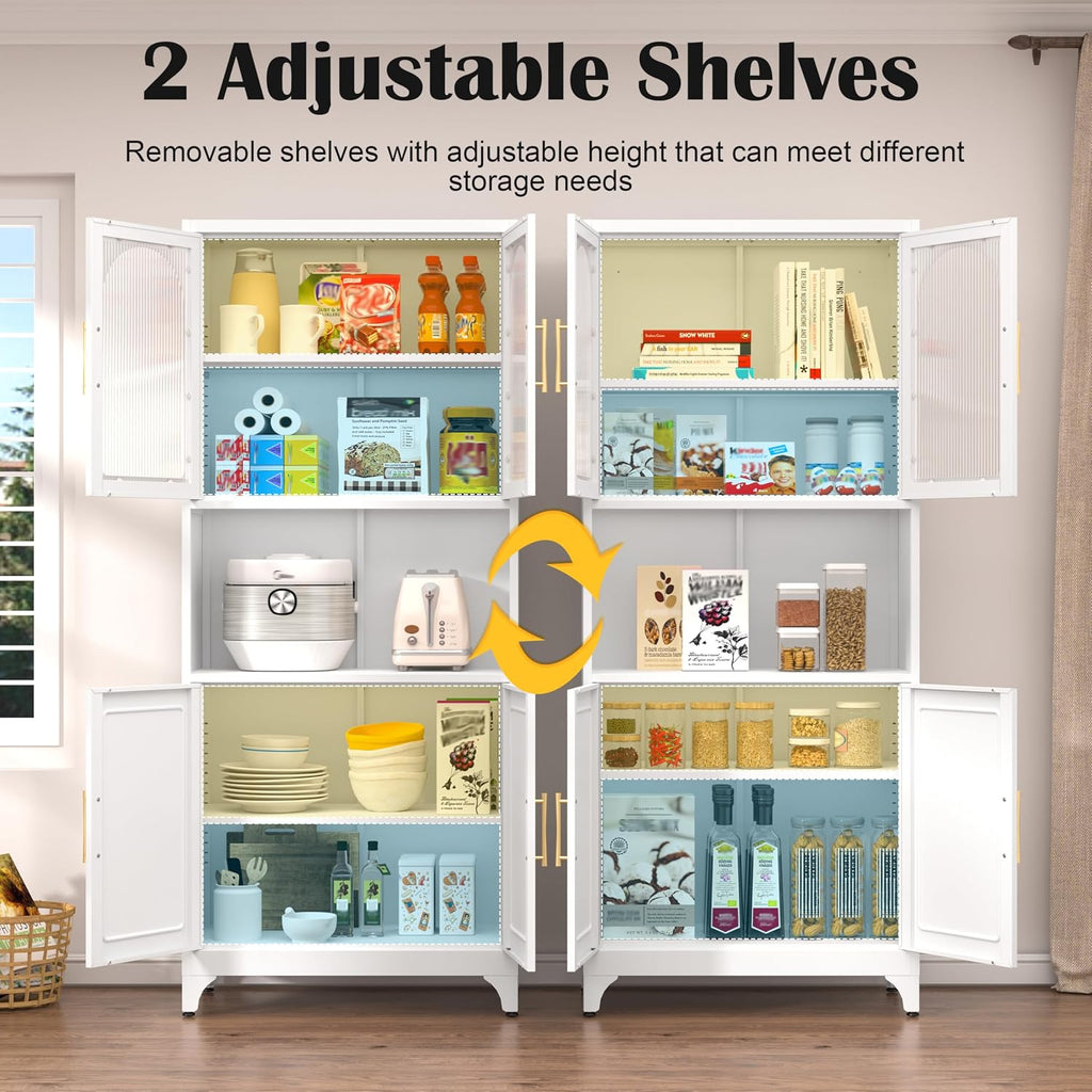 SteeLoong Metal Kitchen Pantry Storage Cabinet，75' Tall Storage Cabinets with 4 Doors and Adjustable Shelves ，White Hutch Cabinet with Microwave Stand,Large Kitchen Cupboard for Dining Room