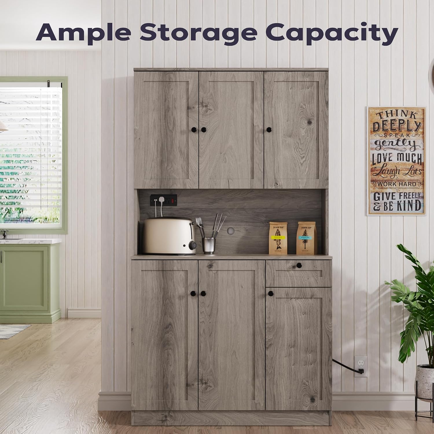 Furnify 71' H Pantry Cabinet with Charging Station, Tall Kitchen Pantry Storage Cabinet with Microwave Stand, Farmhouse Kitchen Hutch with Storage Drawer for Living Room, Dining Room, Ash Grey