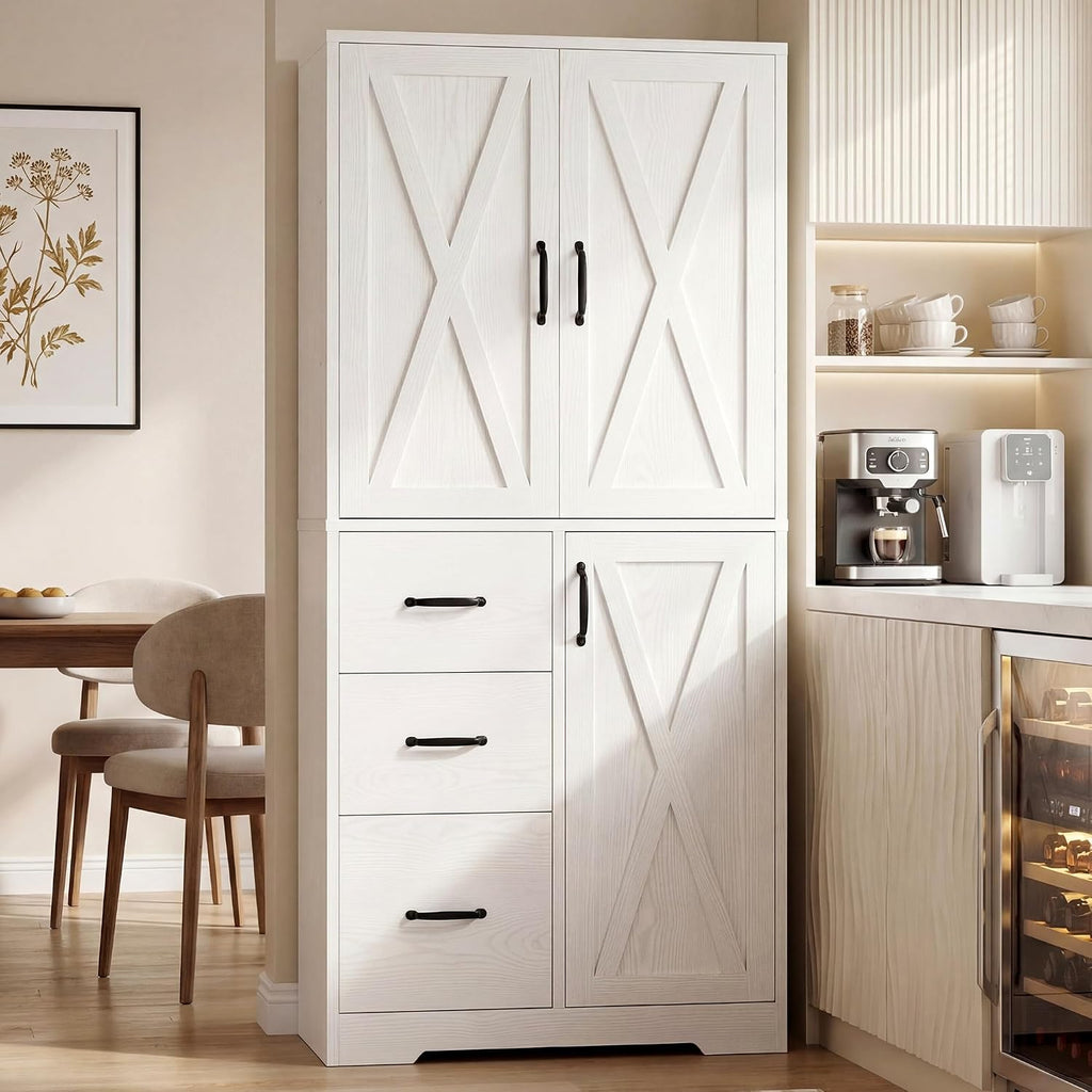IRONCK Pantry Cabinet, 67.5 inch Tall Storage Cabinet with 3 Doors & Drawers, Farmhouse Kitchen Cabinet with Adjustable Shelves, 5 Tier Freestanding Cupboard for Kitchen