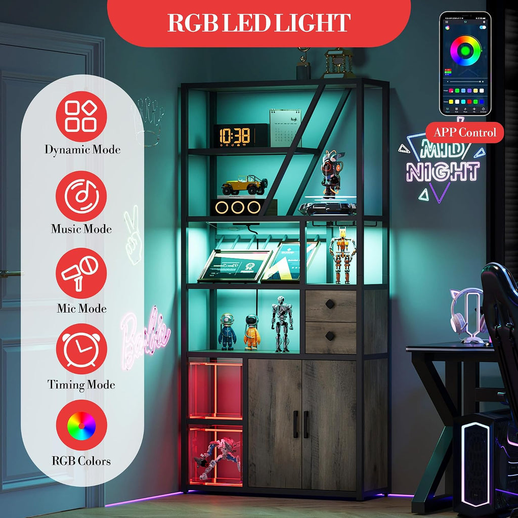 Wine Bar Cabinet with LED Lights, Tall Coffee Bar Station with Power Outlets, Wine Rack, Kitchen Microwave Stand Bakers Rack Cabinet for Living Room - Power Outlets Convenience
