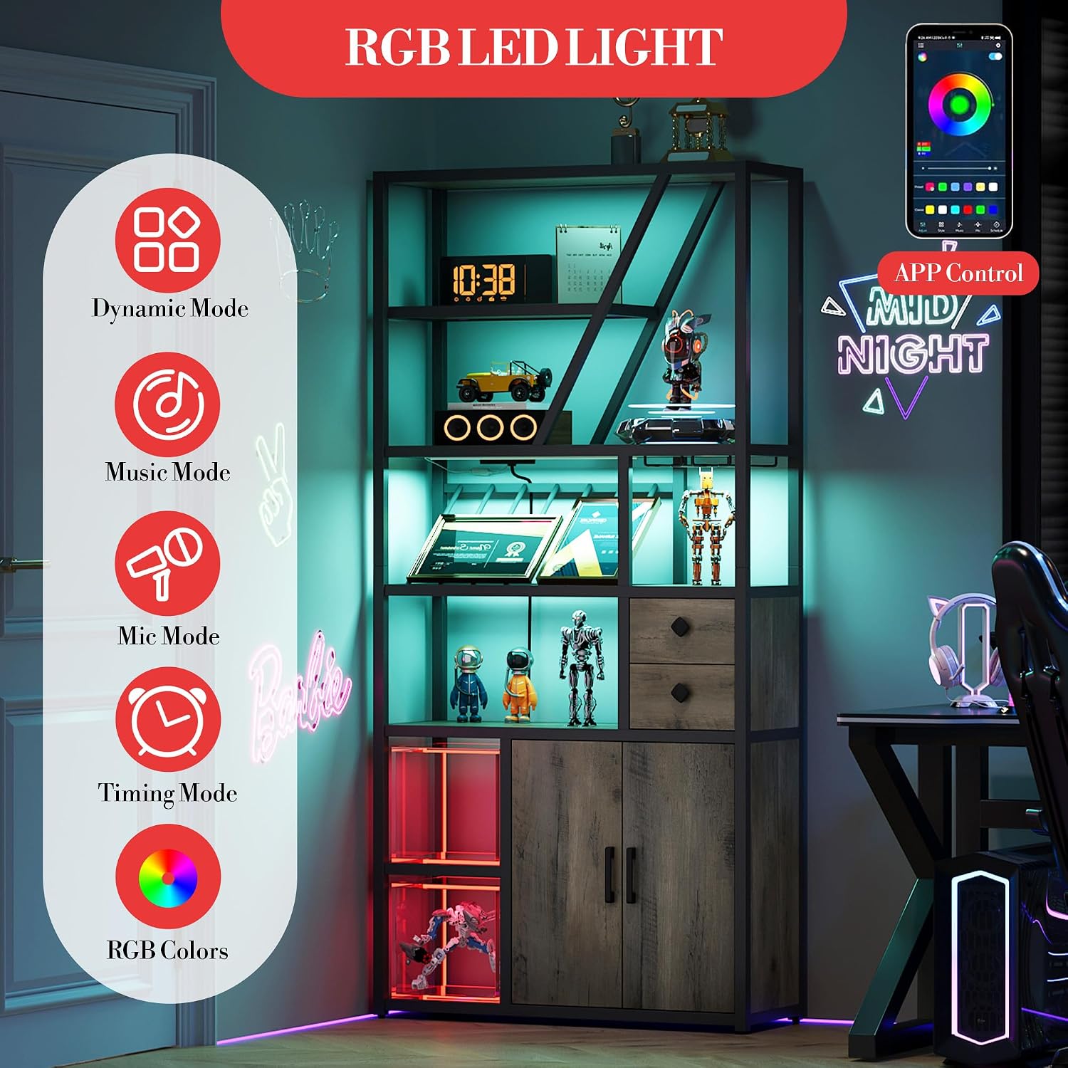 Wine Bar Cabinet with LED Lights, Tall Coffee Bar Station with Power Outlets, Wine Rack, Kitchen Microwave Stand Bakers Rack Cabinet for Living Room - Power Outlets Convenience
