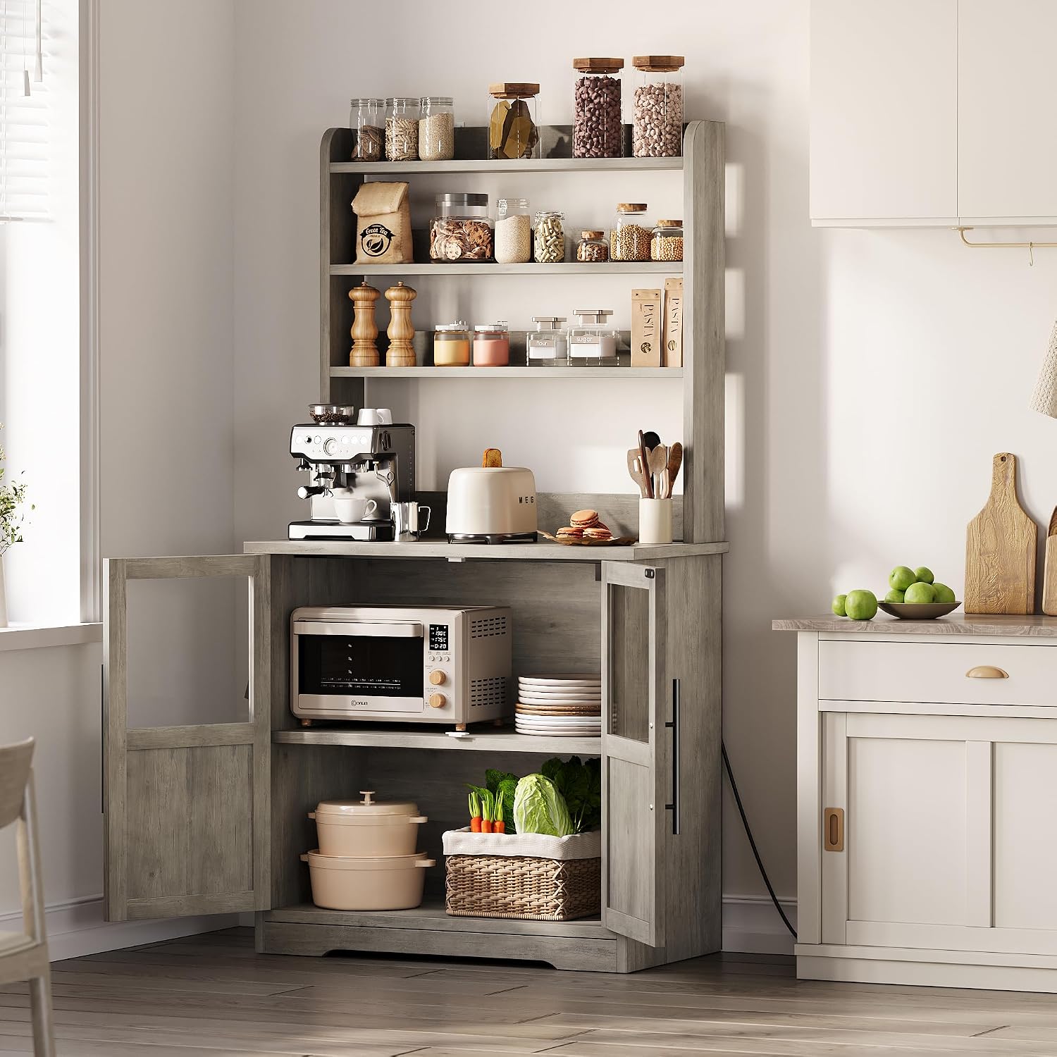 Garvee Farmhouse Bakers Rack with Glass Door, Microwave Stand with Power Outlets, Kitchen Hutch Pantry Cabinet, Kitchen Coffee Bar Cabinet for Spices, Dishes, and Pots, Gray
