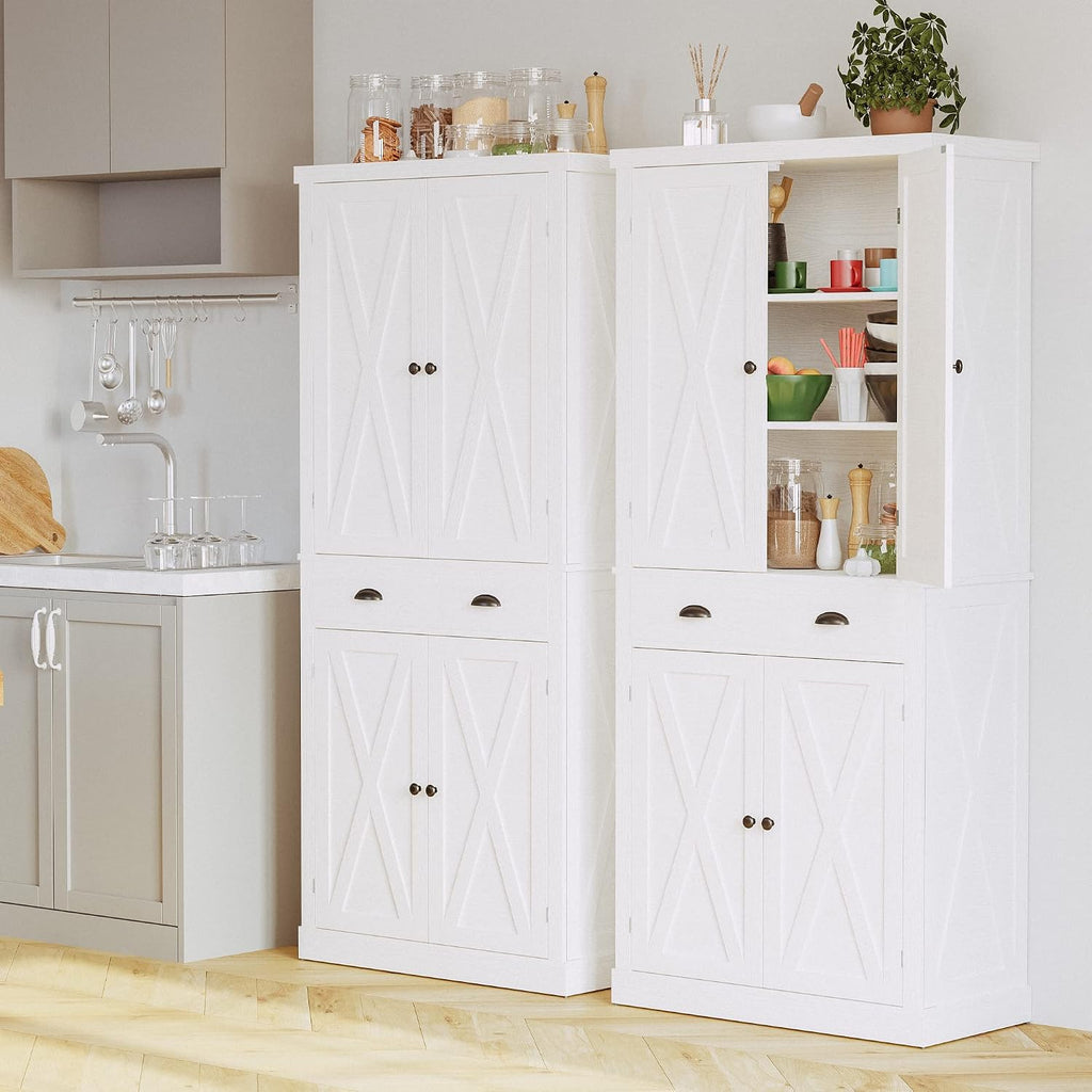 IRONCK Kitchen Pantry Storage Cabinet 72.6' H, with Barn Doors, Drawer, 4 Adjustable Shelves, Freestanding Cupboard, Laundry, White