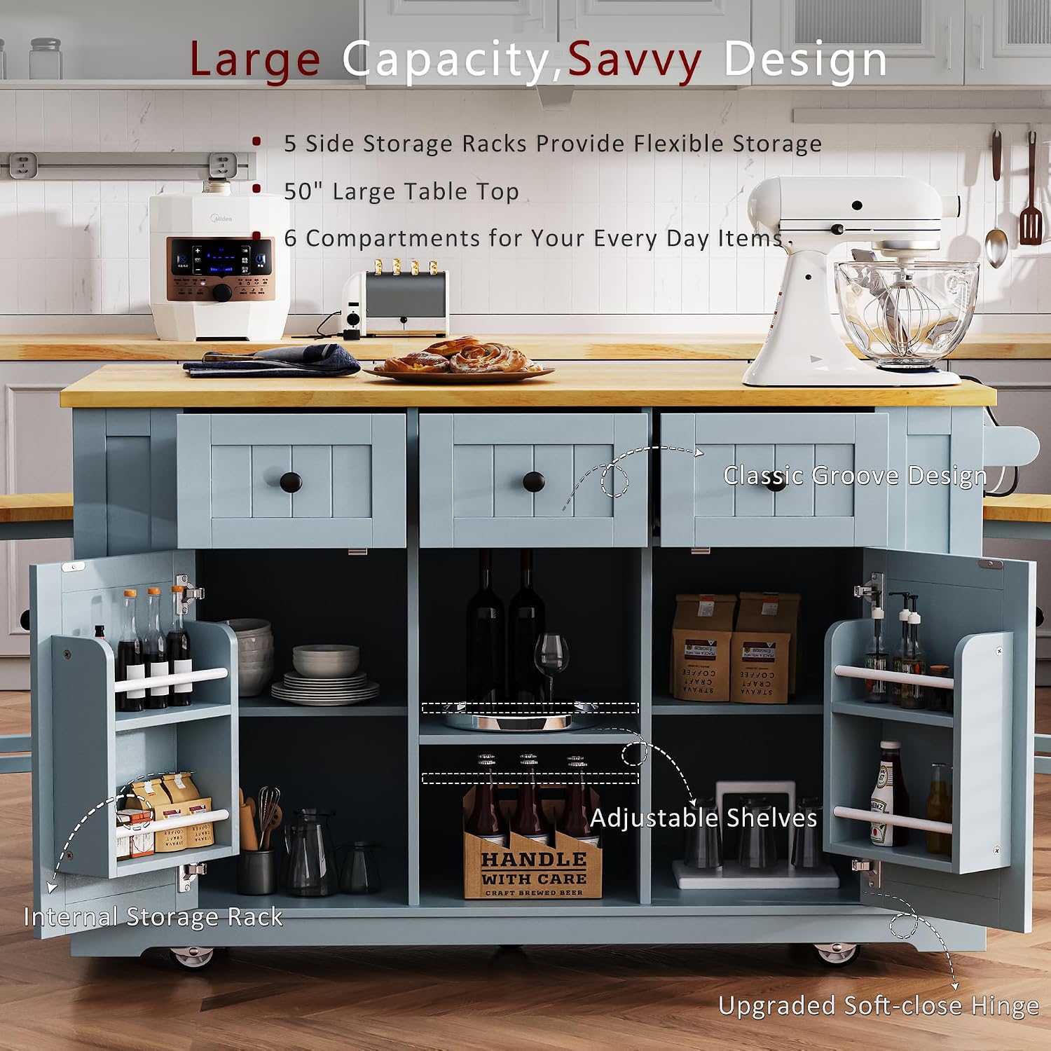 Kitchen Storage Island on Wheels with 2 Bar Stools, Rolling Drop Leaf Kitchen Island Cart with Power Outlet, Open Side Racks, Door Shelves and Towel Bar, 53-Inch, Grey Blule