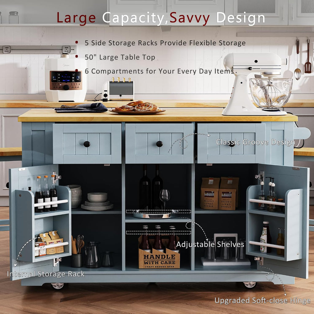 Large Kitchen Island Cart on 5 Wheels with 2 Bar Stools, Power Outlet, 3 Drawers, Kitchen Storage Cart with 5 Open Side Racks, Drop Leaf for Kitchen, Dining Room, Home Bar Grey Blue
