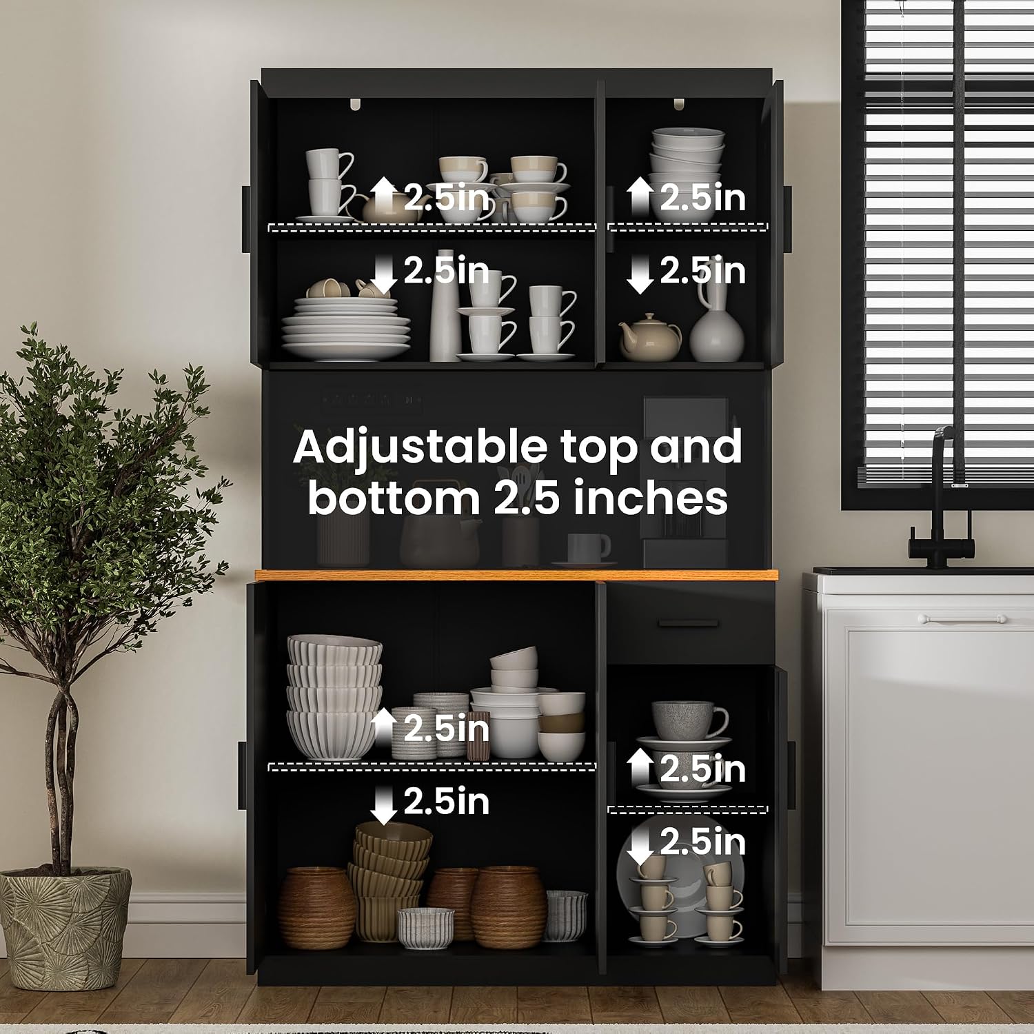 DIYART 71 Inch Black Pantry Cabinet with Power Outlet, Heavy-Duty Freestanding Kitchen Storage Organizer with Reinforced Frame, Pantry Hutch for Kitchen, Dining Room, Living Room
