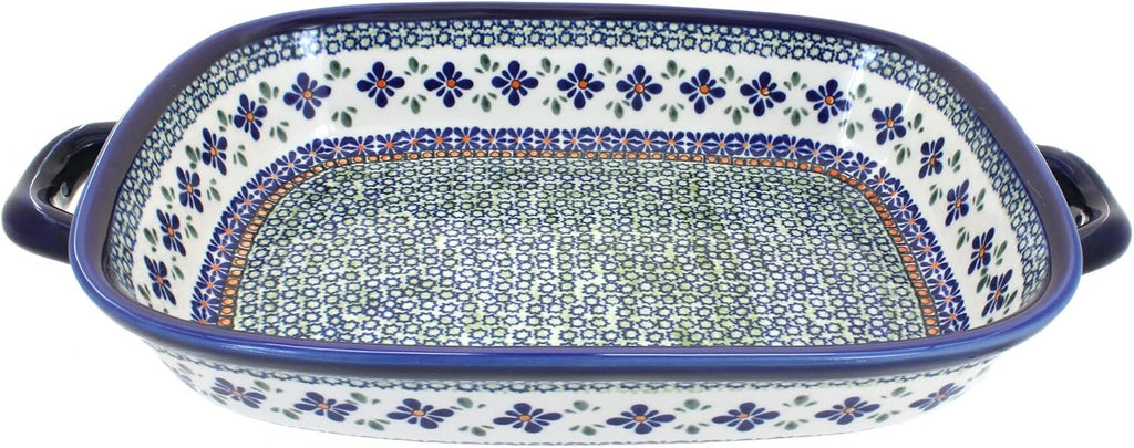 Blue Rose Polish Pottery - Green Mosaic Flower Large Baker with Handles - 14.5' x 10.75' - Unique, Dishwasher Safe, & Durable Bakeware