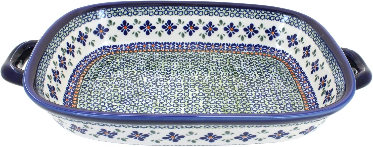 Blue Rose Polish Pottery - Green Mosaic Flower Large Baker with Handles - 14.5' x 10.75' - Unique, Dishwasher Safe, & Durable Bakeware
