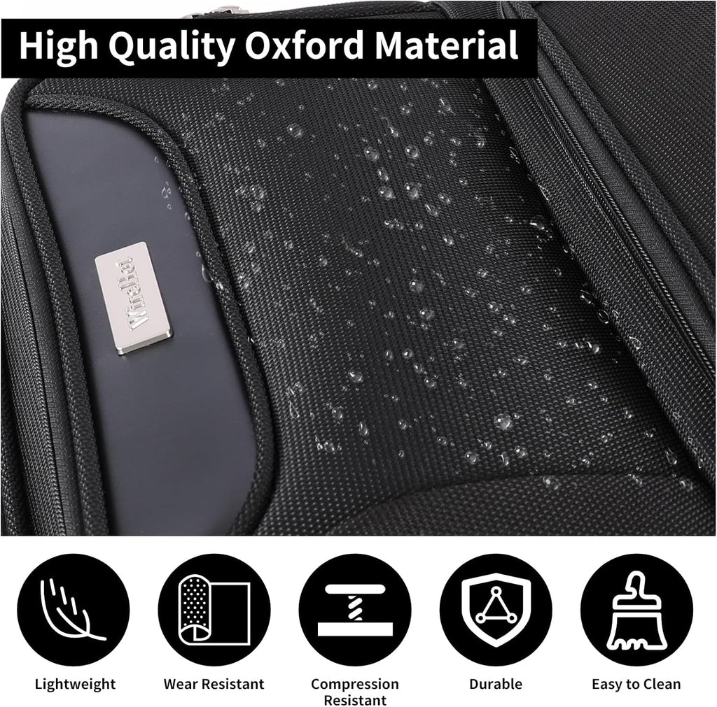 WireHot 3-Piece Softside Expandable Luggage Set with Front Open Pocket, Lightweight and Durable Oxford Fabric Suitcase Set with TSA Lock (Black, 20in/24in/28in)