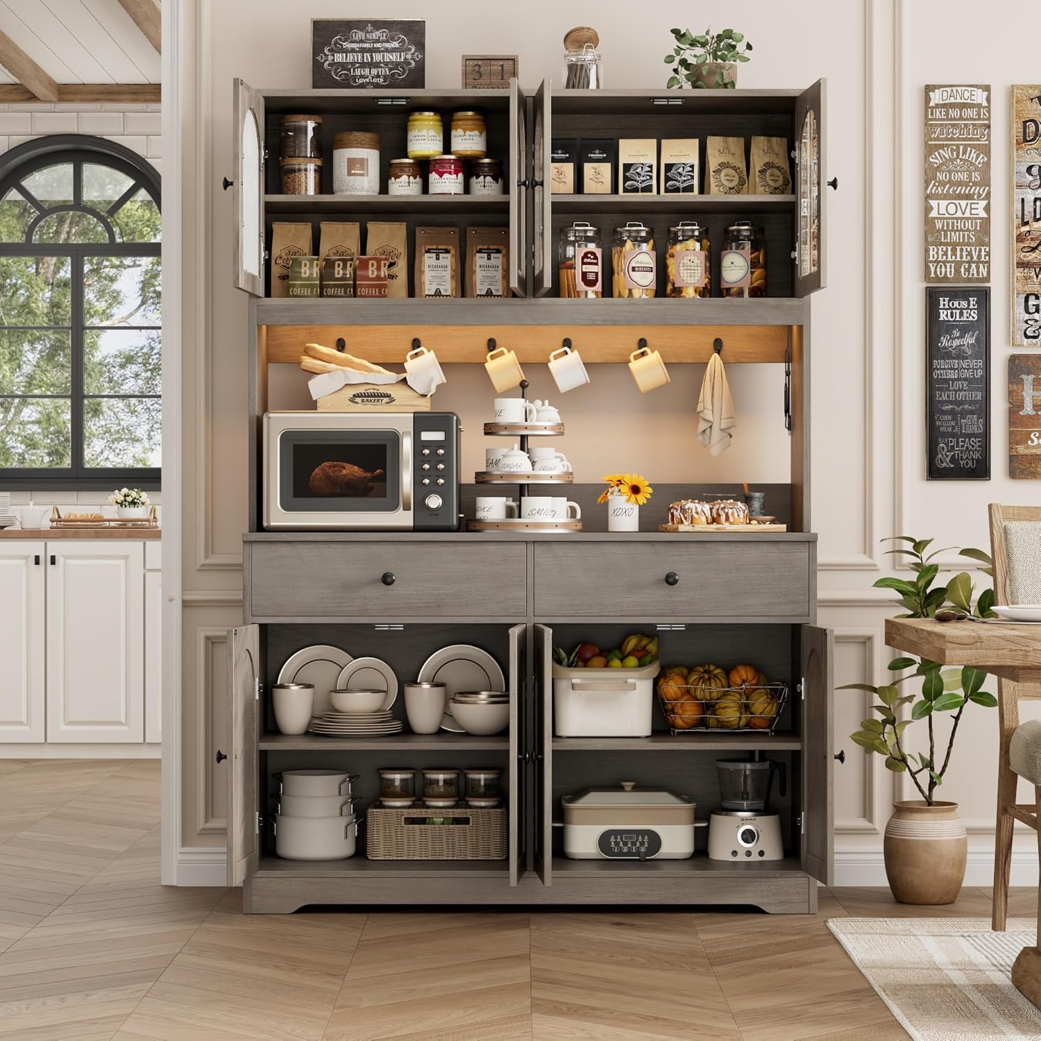 HIFIT 71' LED Kitchen Pantry Cabinet with Power Outlet, Large Kitchen Hutch Storage Cabinet with Arched Door, Shelves, 2 Drawer, Tall Farmhouse Coffee Bar w/Hutch for Home Dining Living Room, Ash Grey