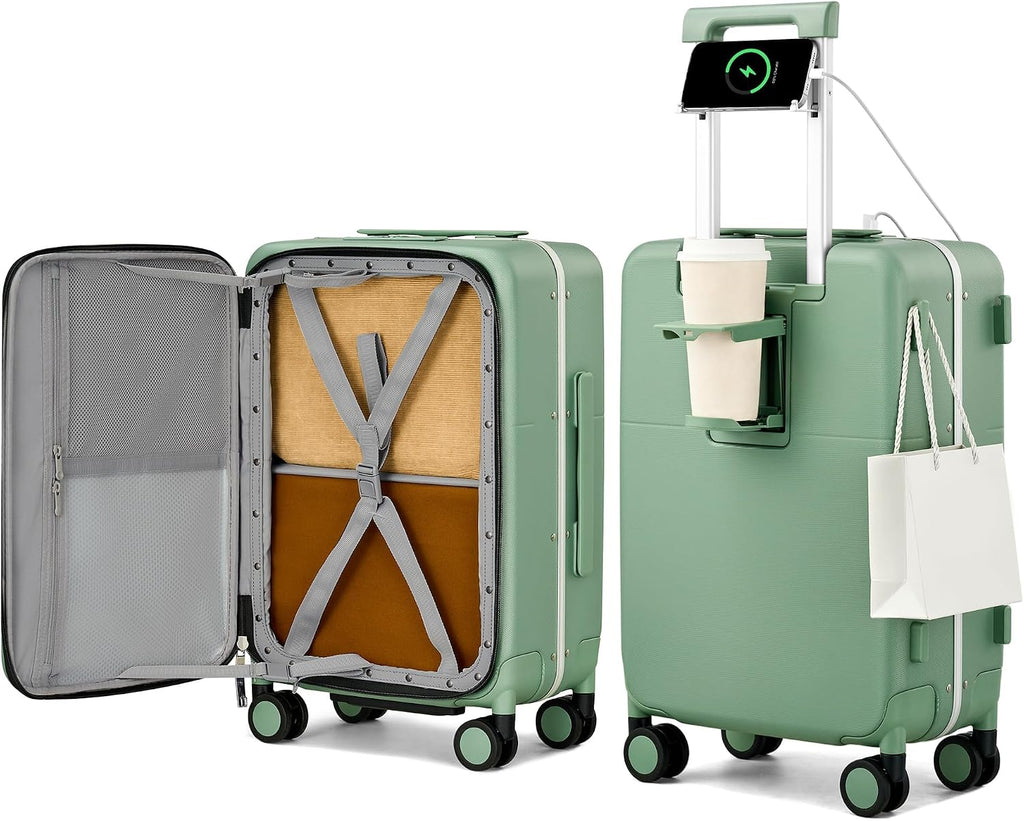 Hanke 20 Inch Top Opening Carry On Luggage with Cup Holder, Hard Shell Suitcase with Spinner Wheels, USB Ports, TSA Lock Aluminum Frame, Dry Wet Separation & Removable Divider, Forest Green