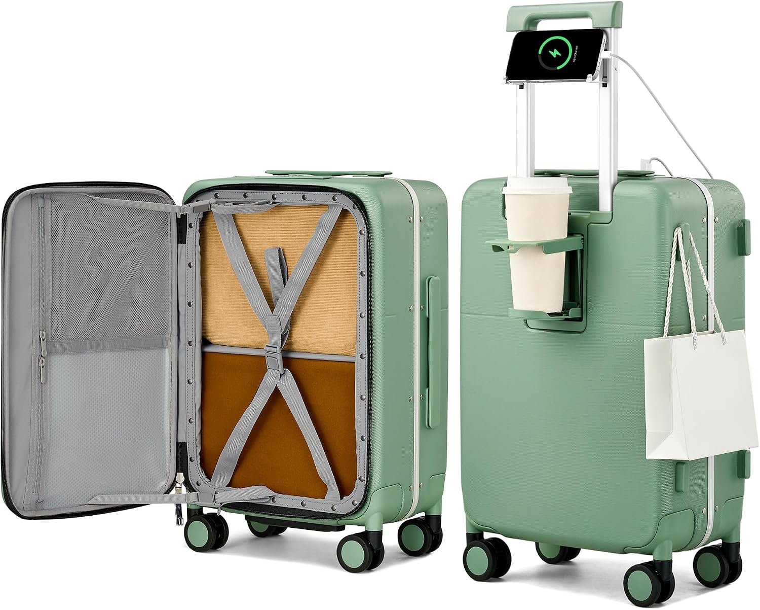 Hanke 20 Inch Top Opening Carry On Luggage with Cup Holder, Hard Shell Suitcase with Spinner Wheels, USB Ports, TSA Lock Aluminum Frame, Dry Wet Separation & Removable Divider, Forest Green