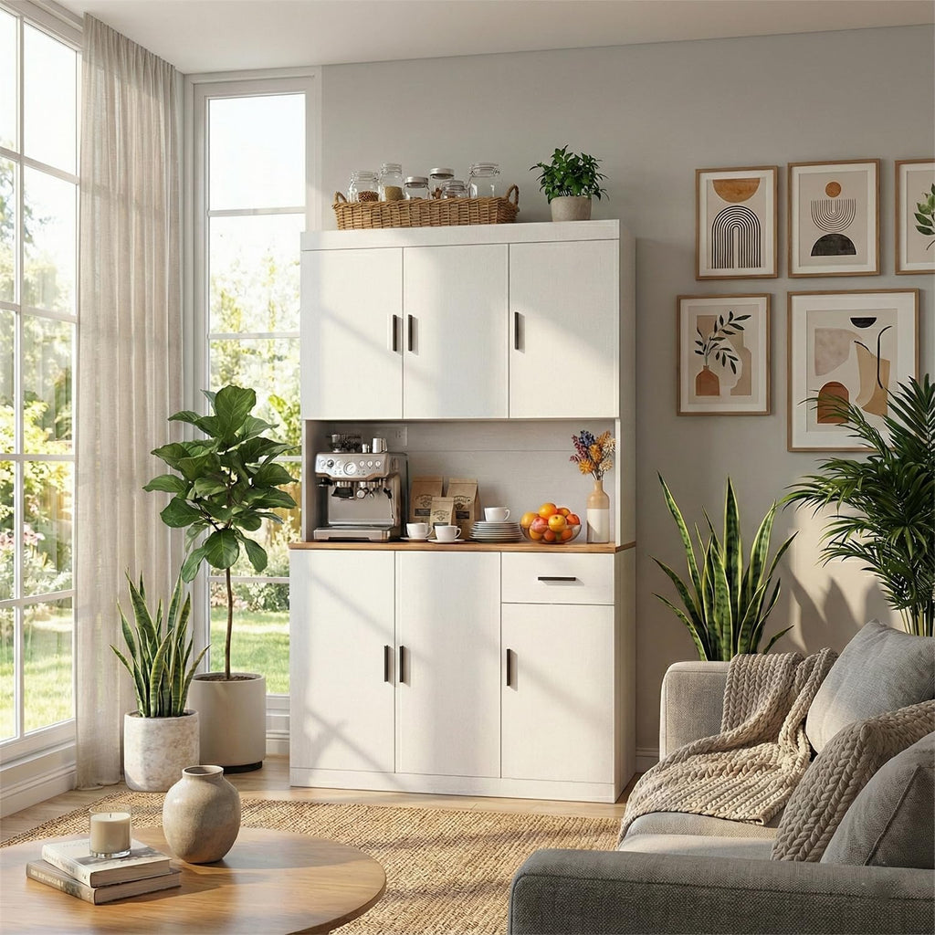 DIYART 71 Inch White Pantry Cabinet with Power Outlet, Heavy-Duty Freestanding Kitchen Storage Organizer with Reinforced Frame, Pantry Hutch for Kitchen, Dining Room, Laundry Room | Extra-Wide