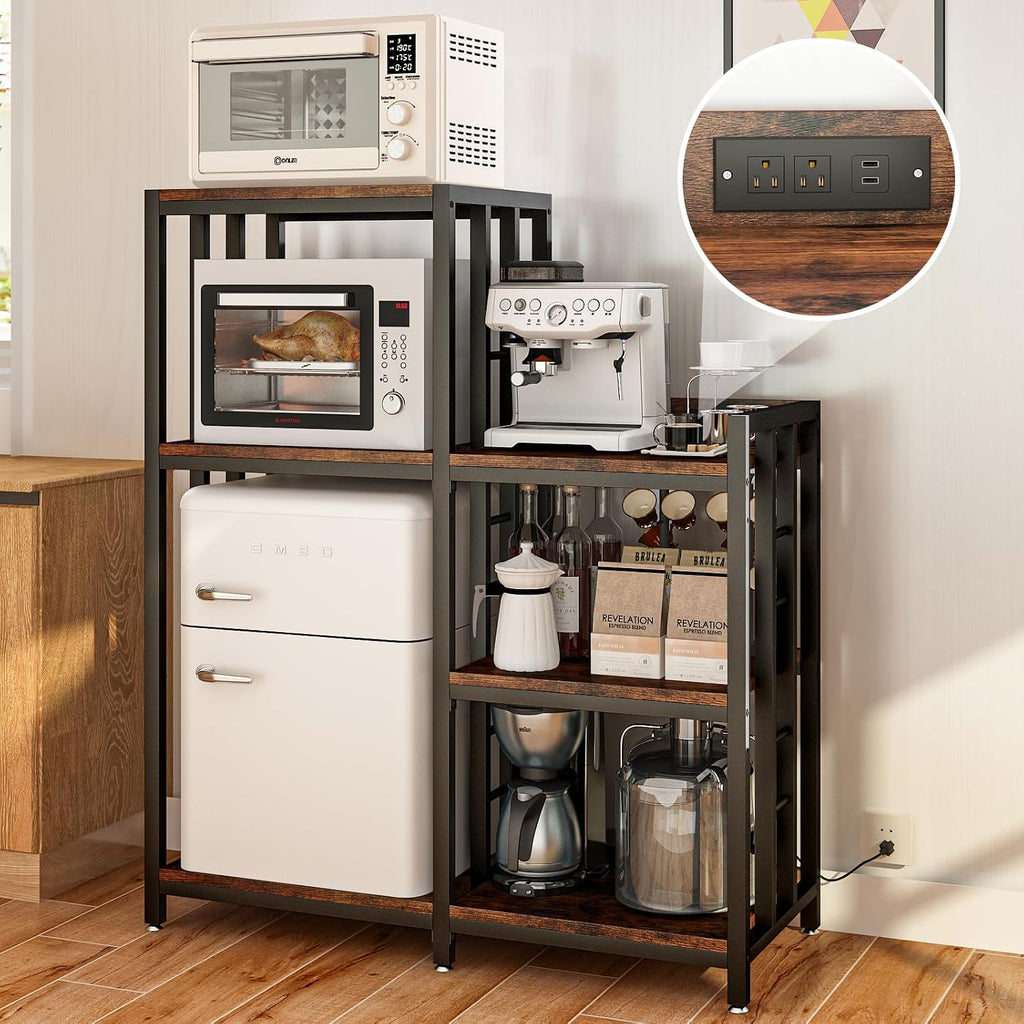 METYERRY 3-Piece Set Mini Fridge Stand with Power Outlet,Kitchen Bakers Rack with Storage,Mini Fridge and Microwave Stand,Coffee Bar, Free Standing Shelf for Kitchen, Home Office,Rustic Brown