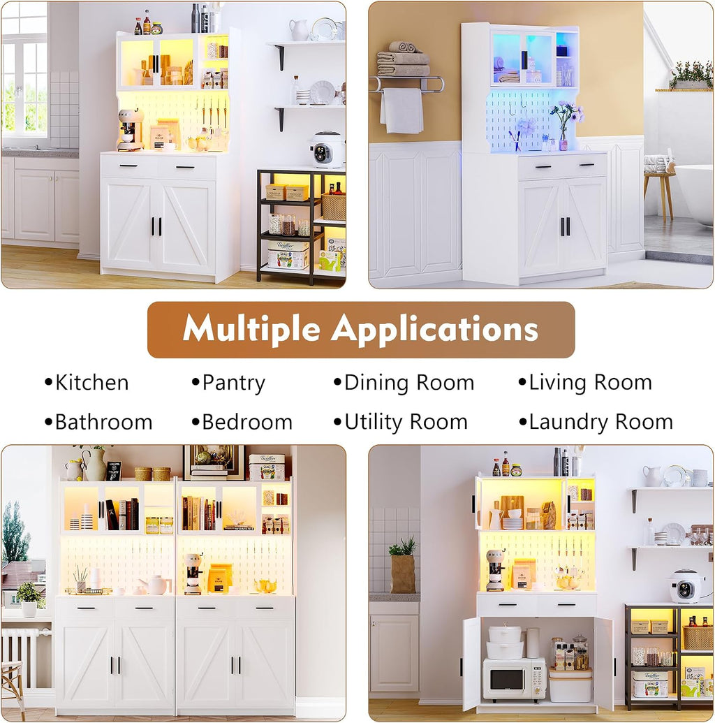 LED Kitchen Pantry Cabinet with Outlets, Farmhouse Storage Cabinet with Drawers & Adjustable Shelves, Cupboard with Pegboard and Hooks for Dining Room (White)