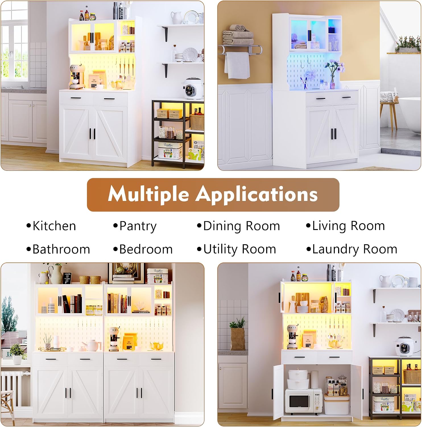 LED Kitchen Pantry Cabinet with Outlets, Farmhouse Storage Cabinet with Drawers & Adjustable Shelves, Cupboard with Pegboard and Hooks for Dining Room (White)