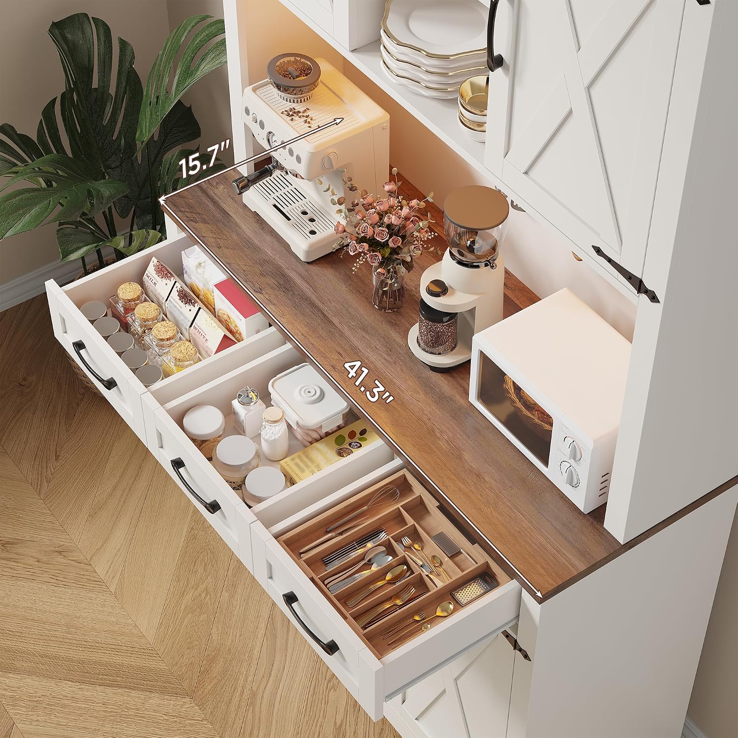 70.9' Tall Kitchen Pantry Cabinet with LED Light & Charging Station, Farmhouse Kitchen Hutch with Large Countertop & 10 Hooks, Kitchen Cabinet Storage with Drawers for Living Room, Dining Room, White