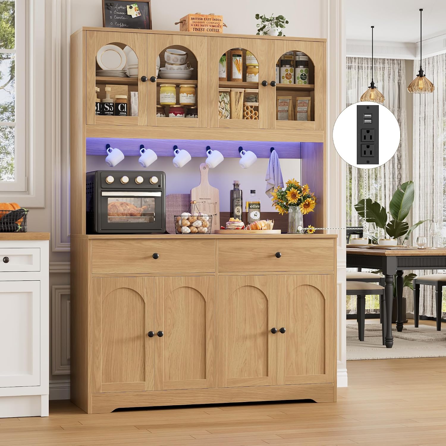 HIFIT 71' LED Kitchen Pantry Cabinet with Power Outlet, Large Kitchen Hutch Storage Cabinet with Arched Door & Shelves & 2 Drawers, Tall Modern Coffee Bar w/Hutch for Home Dining Living Room, Natural