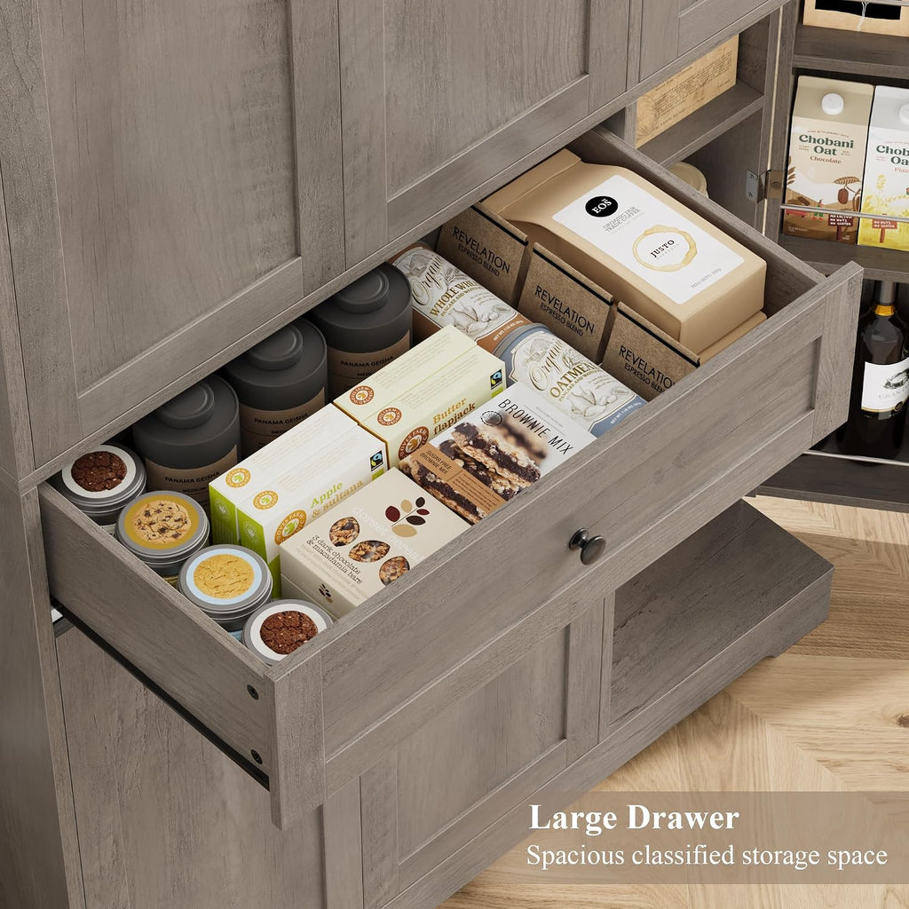 HOSTACK 68' Tall Kitchen Pantry Storage Cabinet, Modern Kitchen Hutch Cabinet with Doors and Shelves, Freestanding Food Pantry with Large Storage Drawer for Dining Room, Living Room, Ash Gray