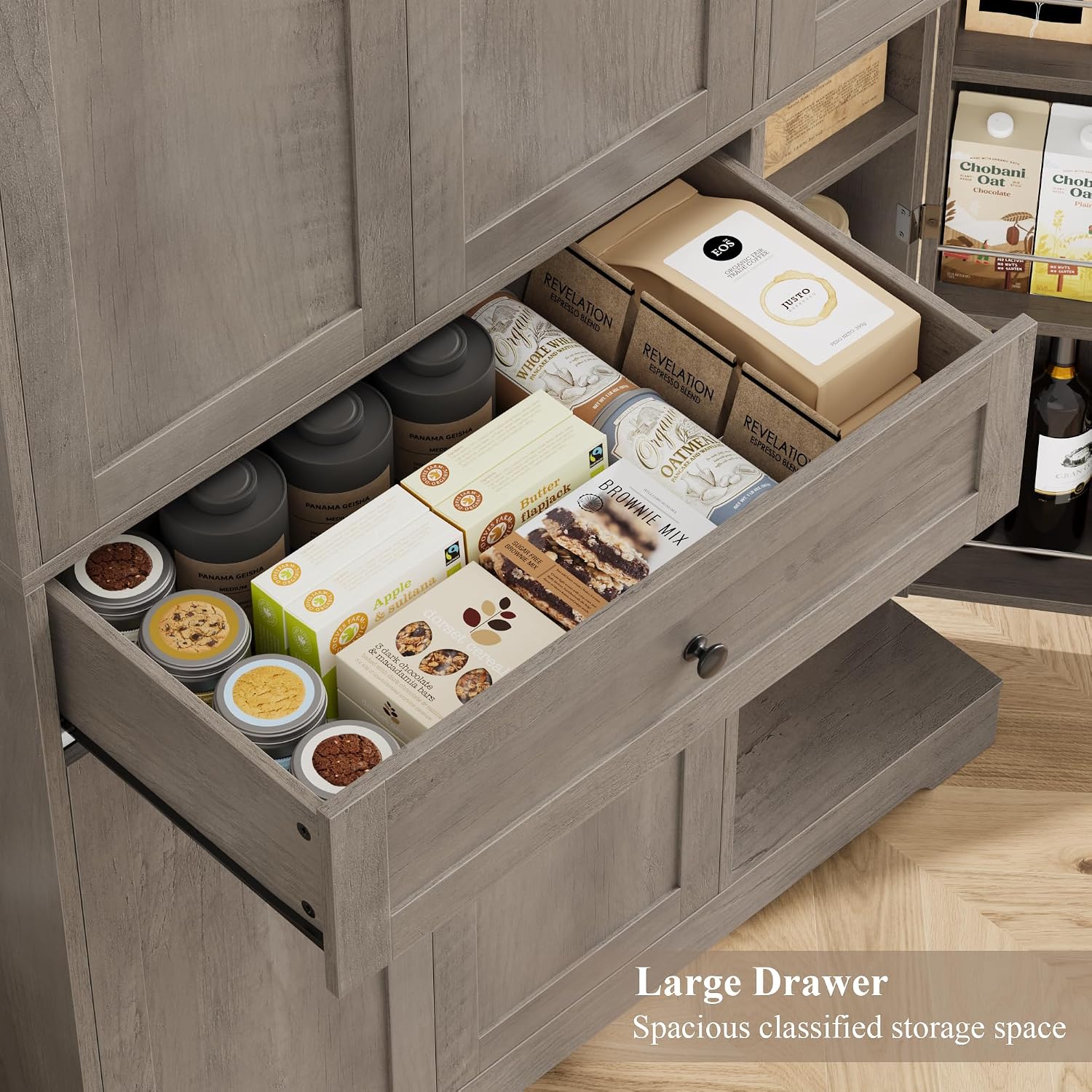 HOSTACK 68' Tall Kitchen Pantry Storage Cabinet, Modern Kitchen Hutch Cabinet with Doors and Shelves, Freestanding Food Pantry with Large Storage Drawer for Dining Room, Living Room, Ash Gray