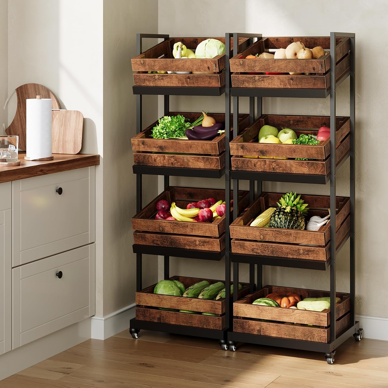 LITTLE TREE 4-Tier Basket Stand with Locked Wheels, Mobile Fruit and Vegetable Storage, Floor Stand Rack, Utility Shelf, for Kitchen, Living Room, Pantry (Rustic Brown)
