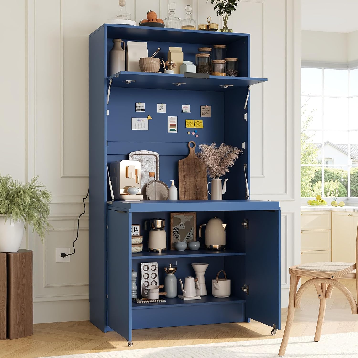 Farmhouse Pantry Cabinet with Foldable Workstation, 69' Tall Buffet with Hutch and Storage, Multifunctional Kitchen Cabinet with Adjustable Shelf and Power Outlet for Dining Room (Dark Blue)