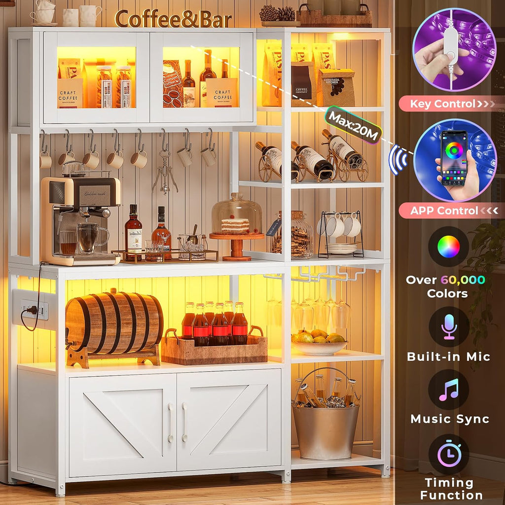 Itaar Bakers Rack with Power Outlet and LED Light, 45.3 Inch Farmhouse Coffee Bar Cabinet, Kitchen Microwave Stand with Storage, Glass Cabinet, Goblet Holder and 8 Hooks (White)