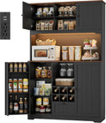 FINETONES 71' Pantry Cabinet with LED Light and Charging Station, Kitchen Pantry Cabinet with Microwave Stand, Kitchen Hutch Food Storage Cabinet with Outlet and Wine Racks, Black