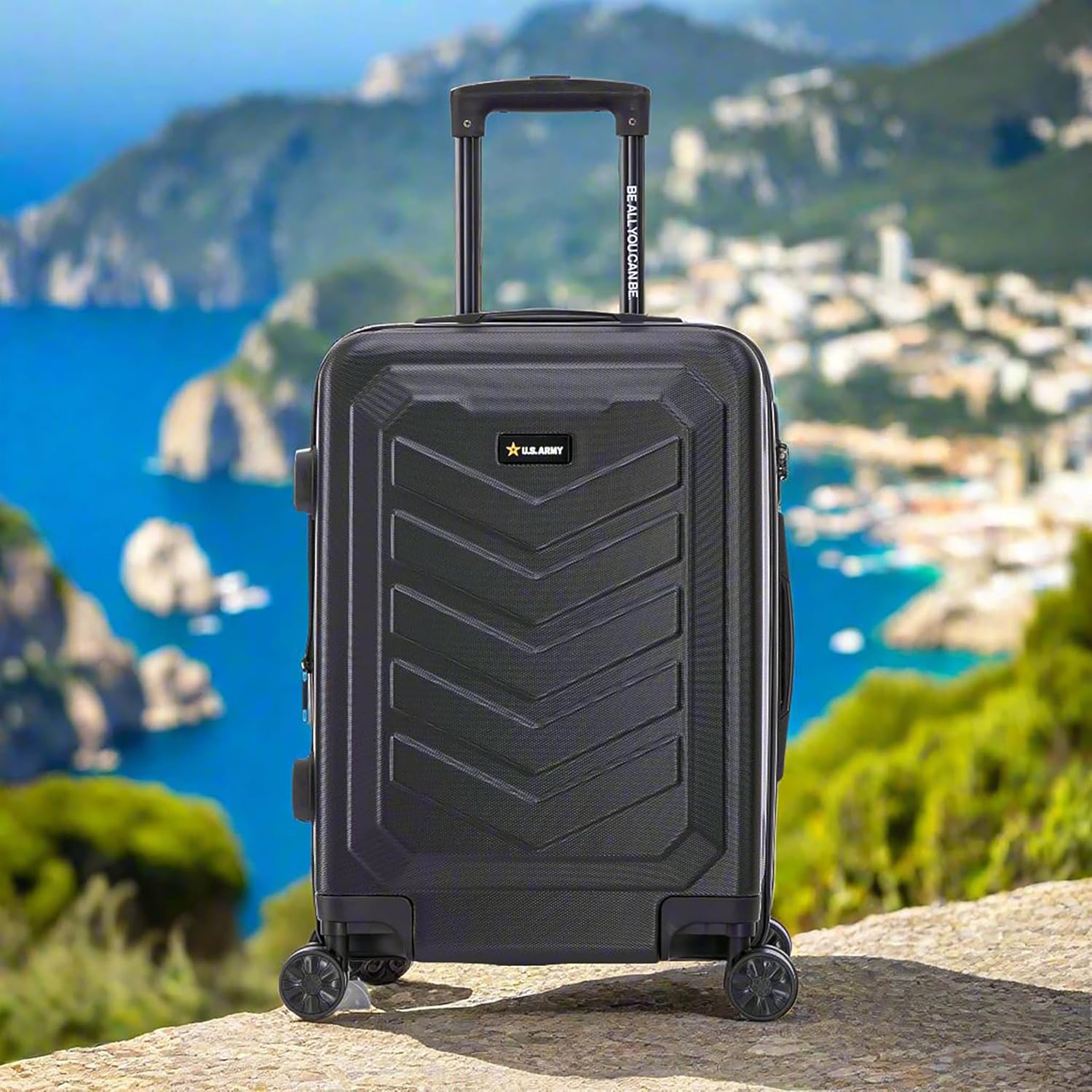 US Army Fox Pro 20 inch Expandable Carry-On Suitcase with TSA Lock for Travel | Lightweight Hardside Luggage with Spinner Wheels, Chevron Icon, Gel Handle, Retractable Trolley, Side Studs | Black