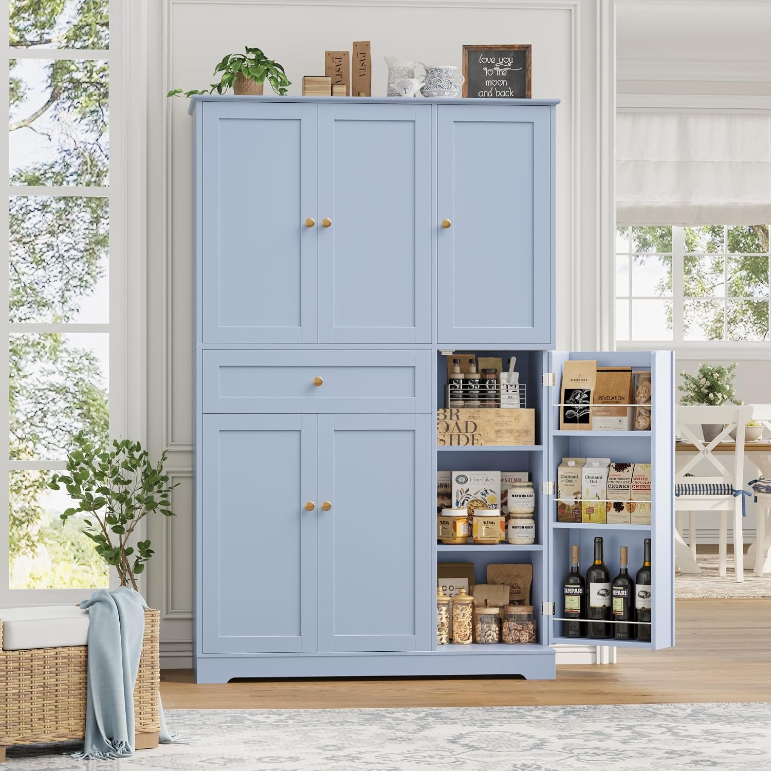 HOSTACK 68' Tall Kitchen Pantry Storage Cabinet, Modern Kitchen Hutch Cabinet with Doors and Shelves, Freestanding Food Pantry with Large Storage Drawer for Dining Room, Living Room, Light Blue