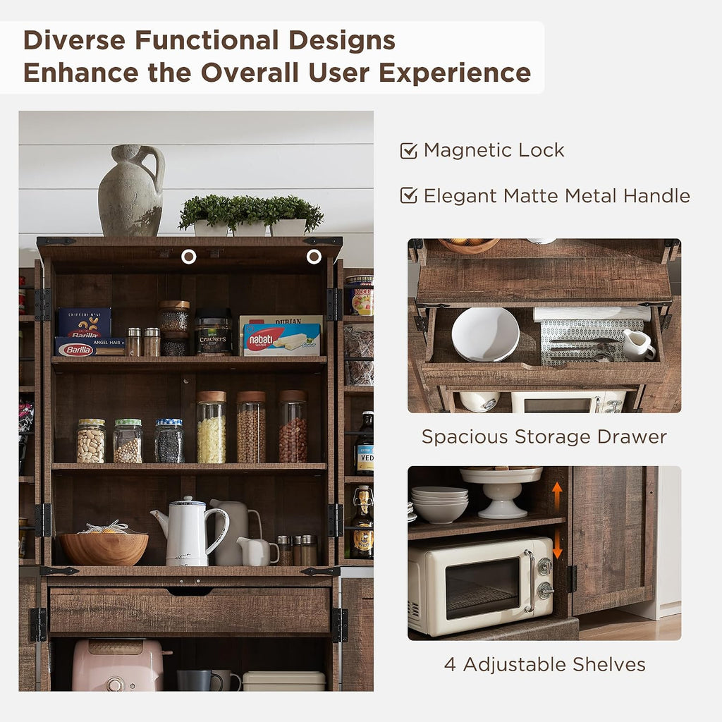 ACCOHOHO 72' Tall Kitchen Pantry, Farmhouse Storage Cabinet with Barn Doors, Organizer, Drawer and Adjustable Shelves, Rustic Wood Cupboard for Kitchen, Dining Room, Bathroom, Rustic Brown