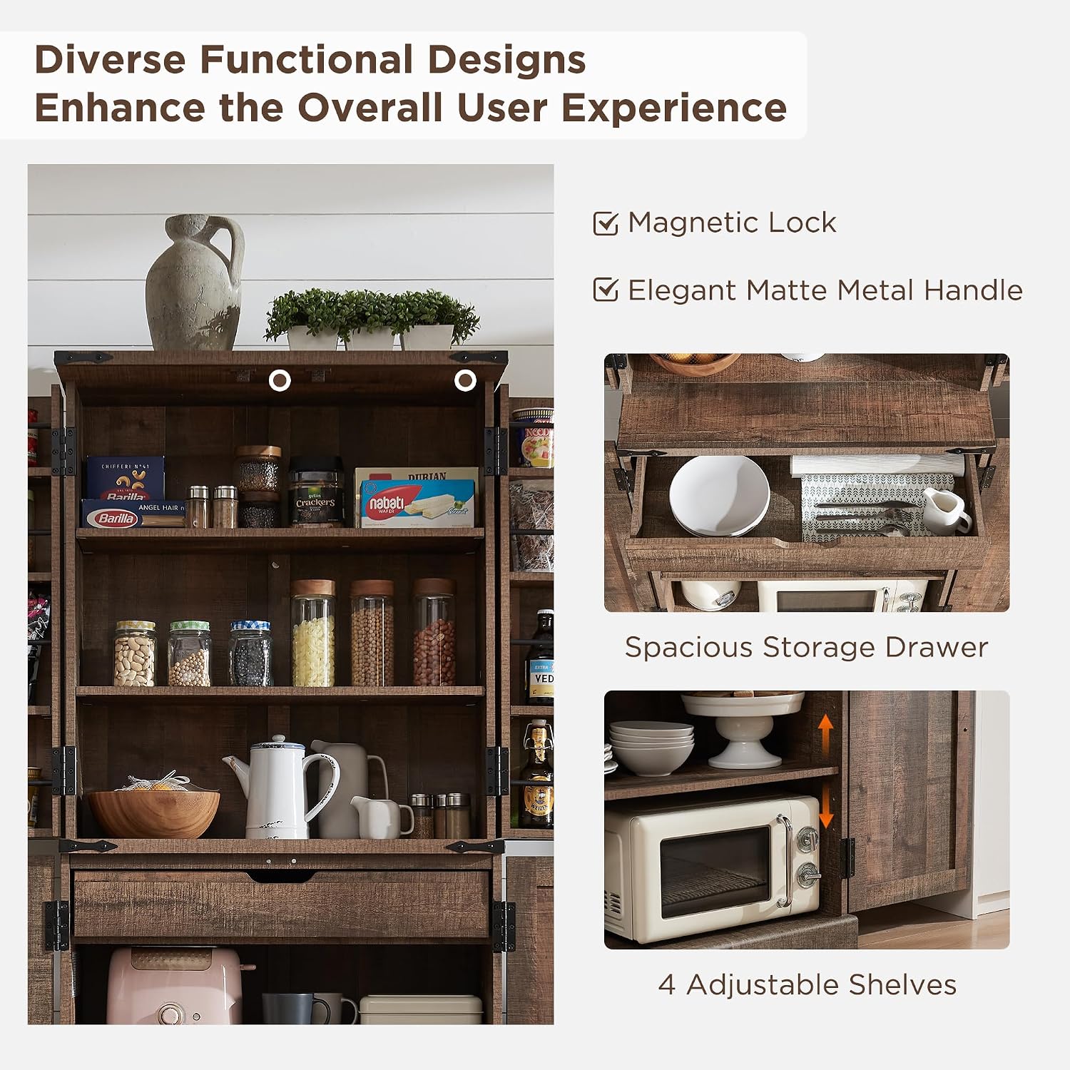 ACCOHOHO 72' Tall Kitchen Pantry, Farmhouse Storage Cabinet with Barn Doors, Organizer, Drawer and Adjustable Shelves, Rustic Wood Cupboard for Kitchen, Dining Room, Bathroom, Rustic Brown