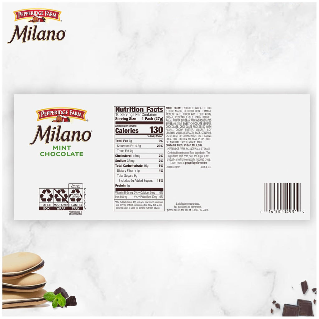 Pepperidge Farm Milano Cookies, Mint, 2 Cookies per Pack (Pack of 120)