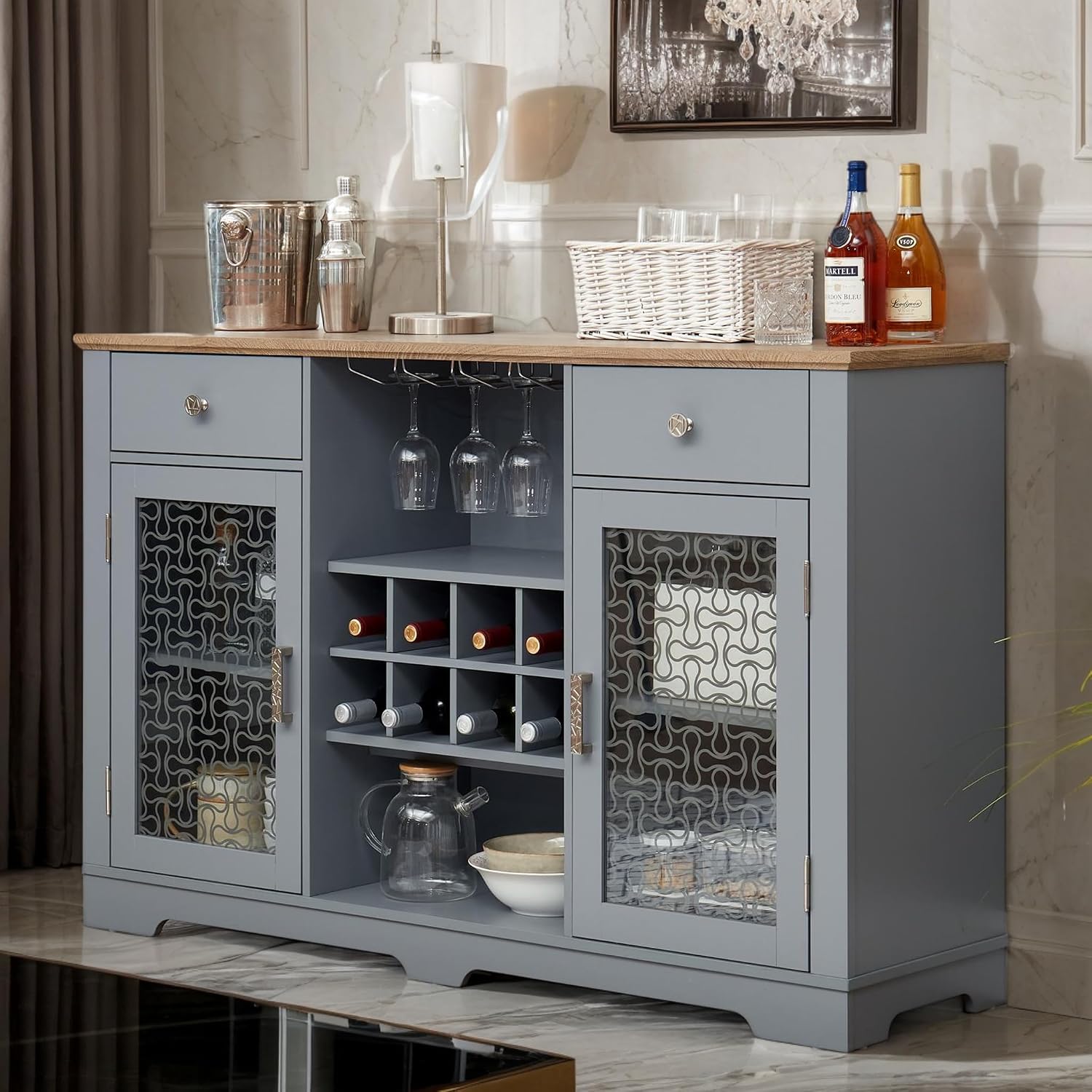 Modern Wine Bar Cabinet with Tempered Glass Doors, 56' W Buffet Cabinet with Wine Rack & Drawers, Farmhouse Coffee Bar with Intricate Patterns for Kitchen, Living Room, Dining Room