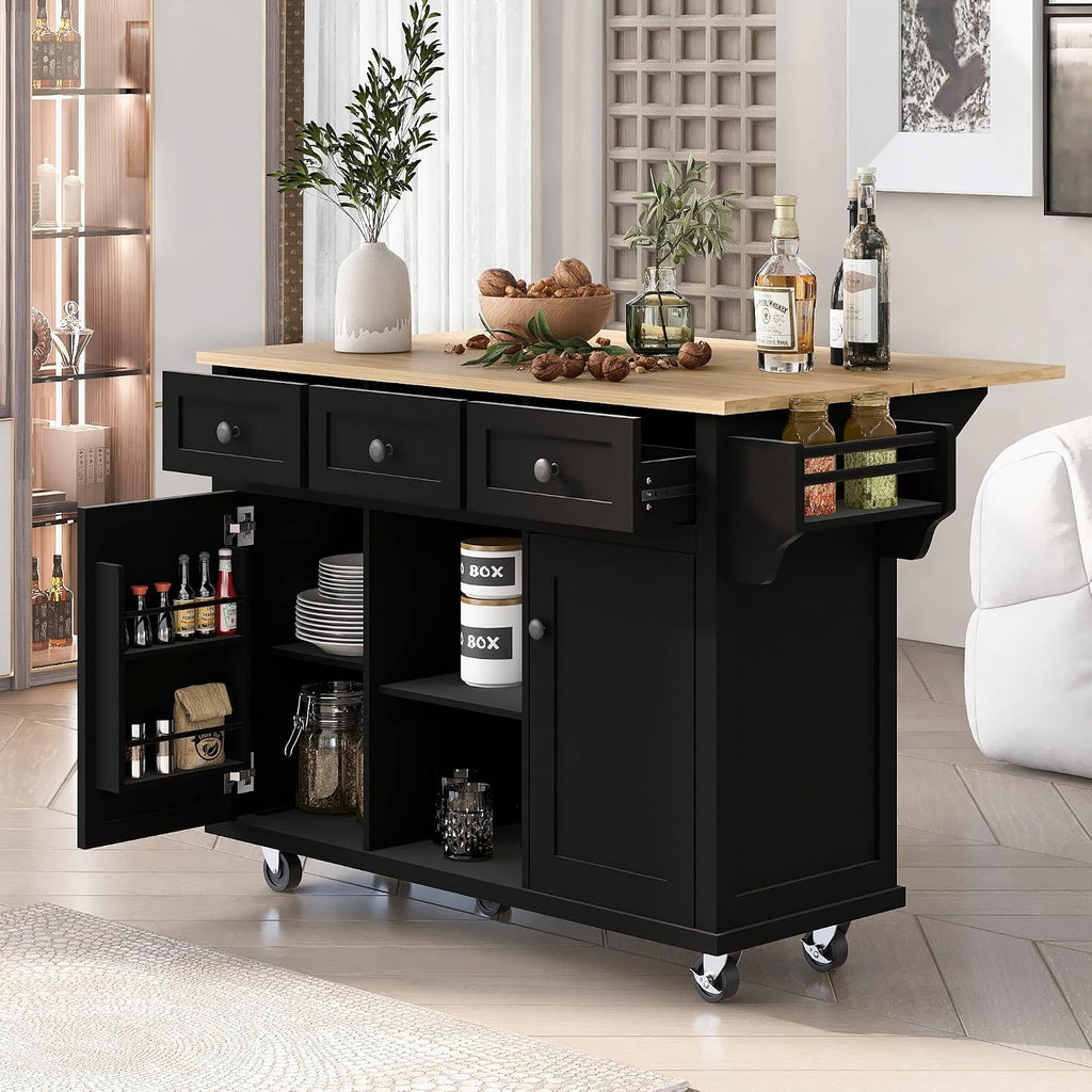 Modern Kitchen Island on 5 Wheels with Storage Cabinet and Drop-Leaf Countertop, Kitchen Cart with Cabinet Door Internal Storage Racks and 3 Drawers for Dinning Room (Black#M)