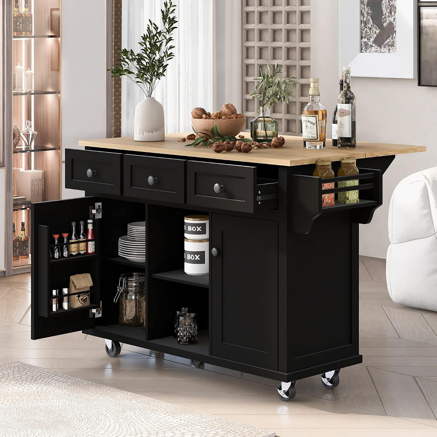 Modern Kitchen Island on 5 Wheels with Storage Cabinet and Drop-Leaf Countertop, Kitchen Cart with Cabinet Door Internal Storage Racks and 3 Drawers for Dinning Room (Black#M)