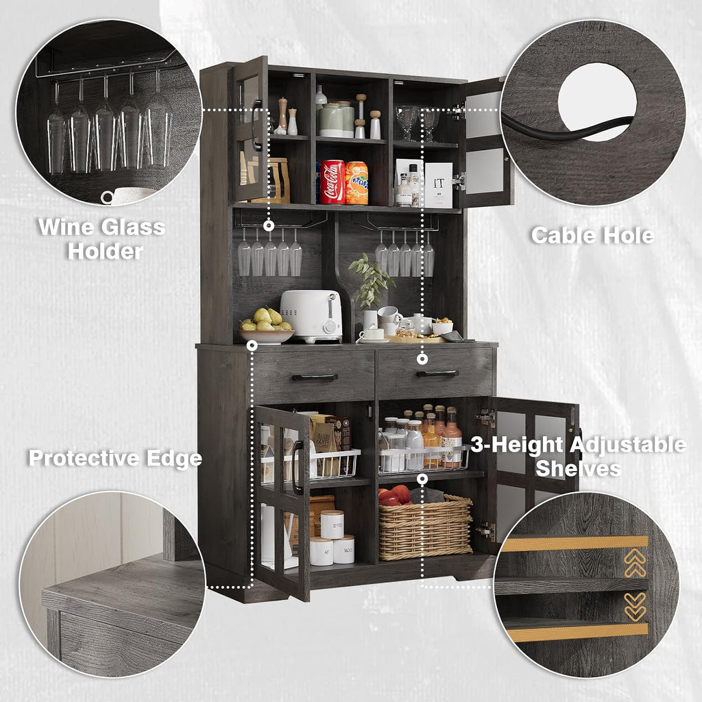 71' Farmhouse Style Freestanding Storage Cabinet, Kitchen Storage Bakers Rack with Charging Station, Utility Food Cupboard with Wine Racks for Kitchen Dining Living Room, Dark Oak