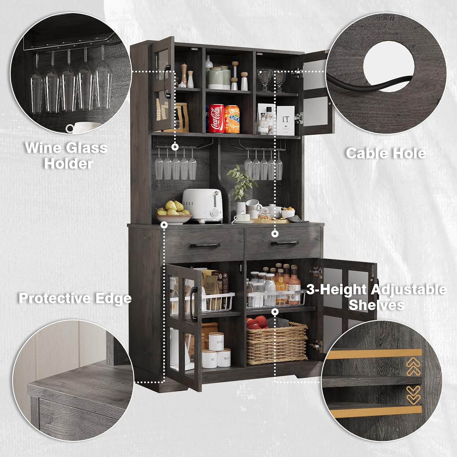 71' Built-in Charging Freestanding Storage Cabinet, Kitchen Storage Bakers Rack with 2-Row Wine Racks, Utility Food Cupboard with Ample Storage for Home, Dark Oak