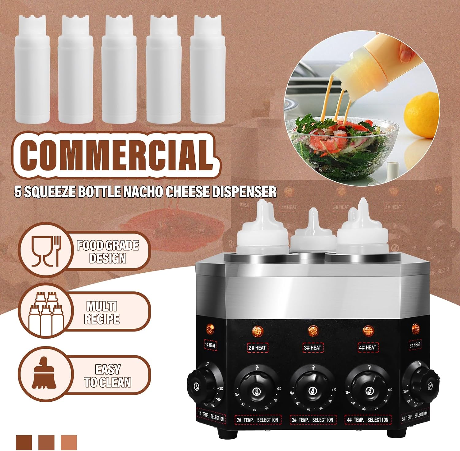 Commercial Electric Sauce Warmer Dispenser 0.68x5 Qt Hot Chocolate Nacho Cheese 86-185℉ Heater Hot Fudge with Bottles Adjustable