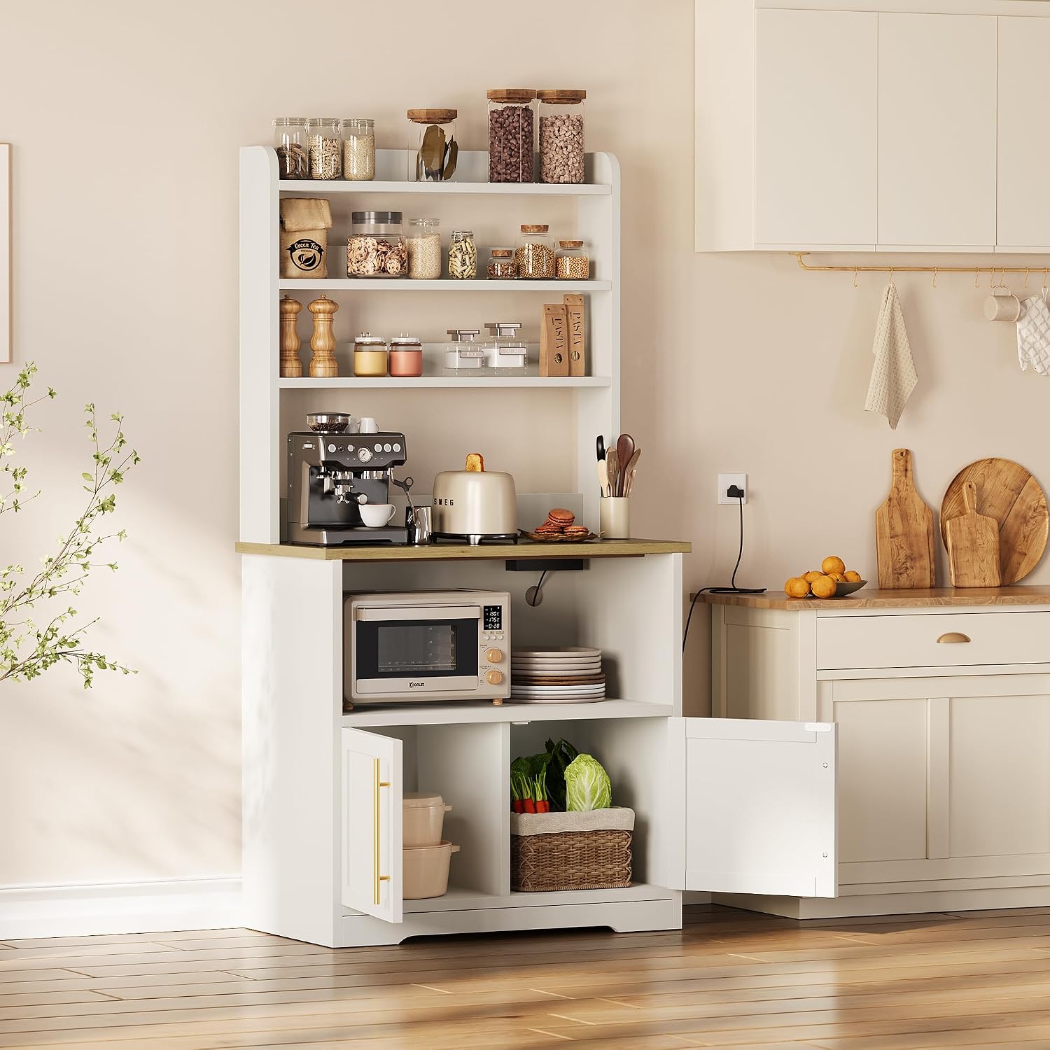 Farmhouse Baker's Rack with Storage Cabinet, Microwave Stand with Built-in Power Outlets, Thick Tabletop Kitchen Pantry Hutch for Dining Room, White & Peer Wood