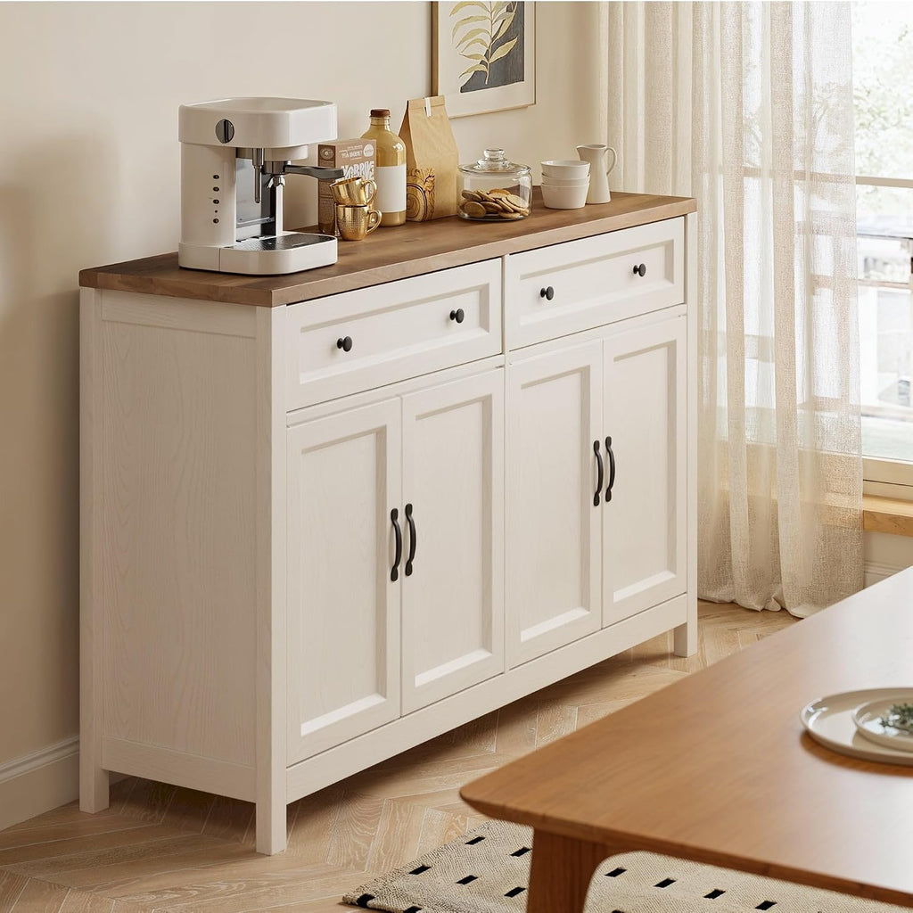 Gizoon Farmhouse Kitchen Sideboard Buffet Cabinet with Storage, Wood Coffee Bar and Storage Sideboard with Drawers and Doors for Kitchen, Dining Room, 15.7' D x 55.1' W x 35.3' H, White/Rustic Brown