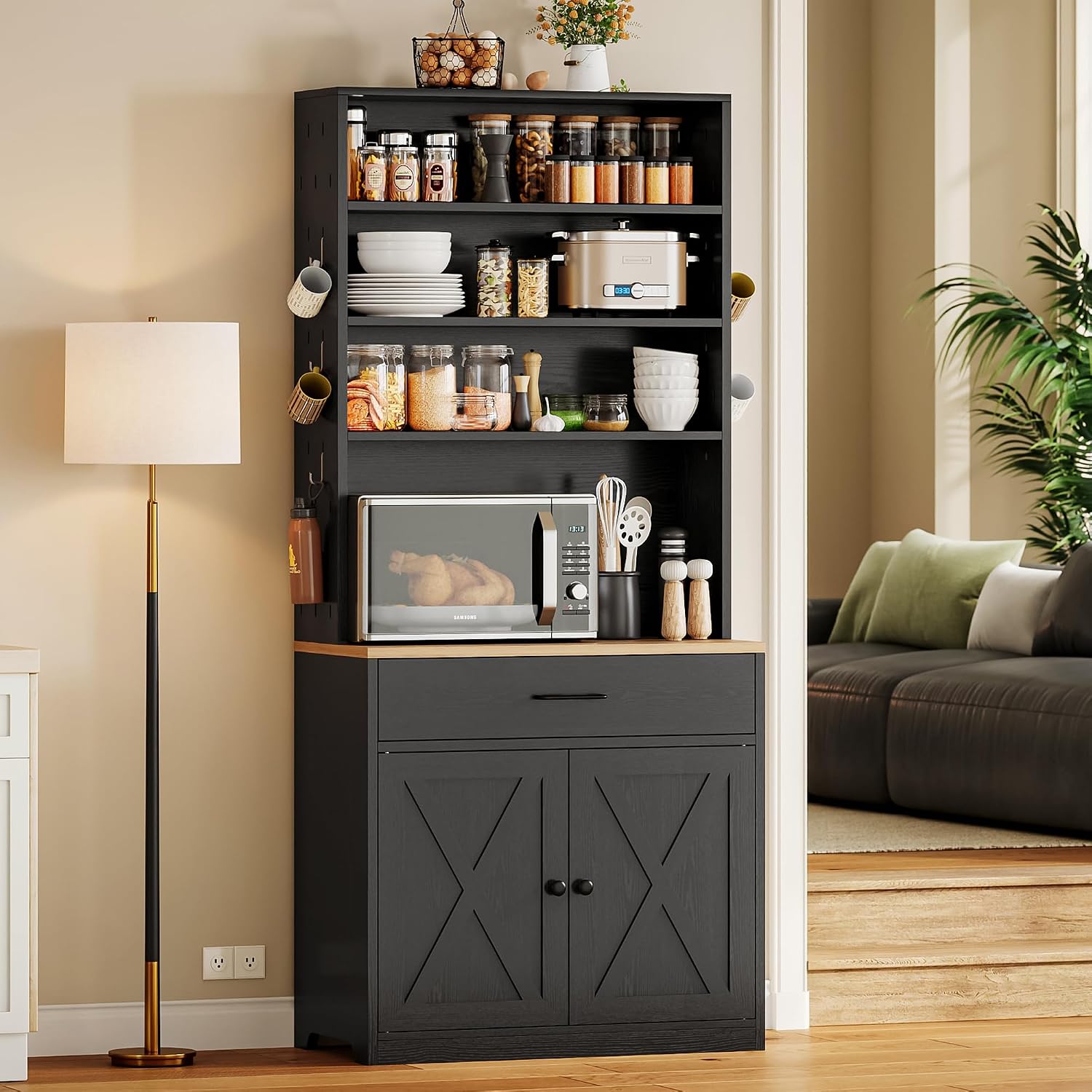 IRONCK Bakers Rack Microwave Stand with Customizable Pegboard and Storage, 71' Farmhouse Coffee Bar Cabinet with Drawer, Barn Doors, Adjustable Shelves for Kitchen, Dining Room, Living Room, Black