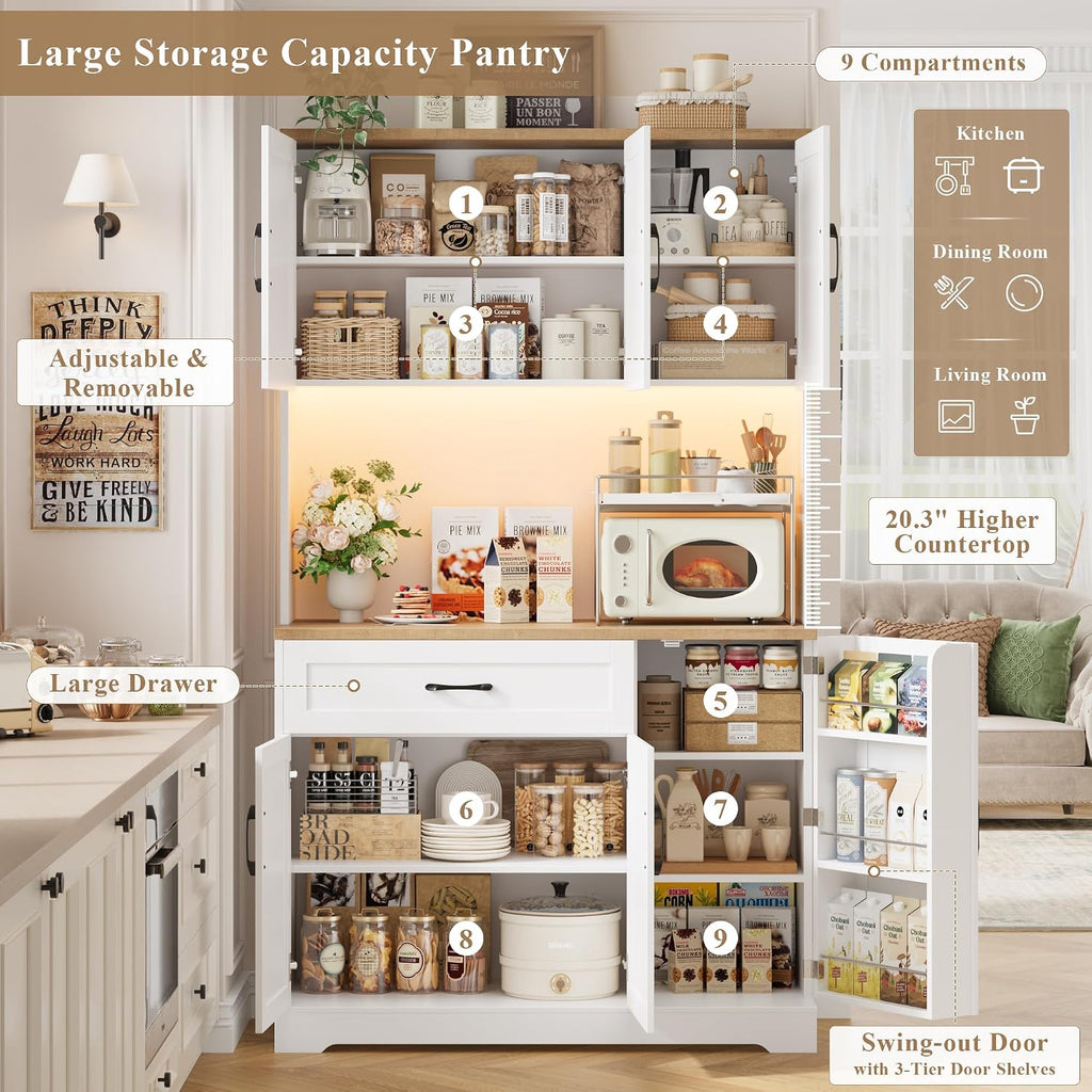 HIFIT 71' LED Pantry Cabinet with Power Outlet, Tall Kitchen Hutch Storage Cabinet with Microwave Stand & 6 Door Shelves, Modern Food Pantry Cabinets with Drawer for Kitchen Dining Living Room, White
